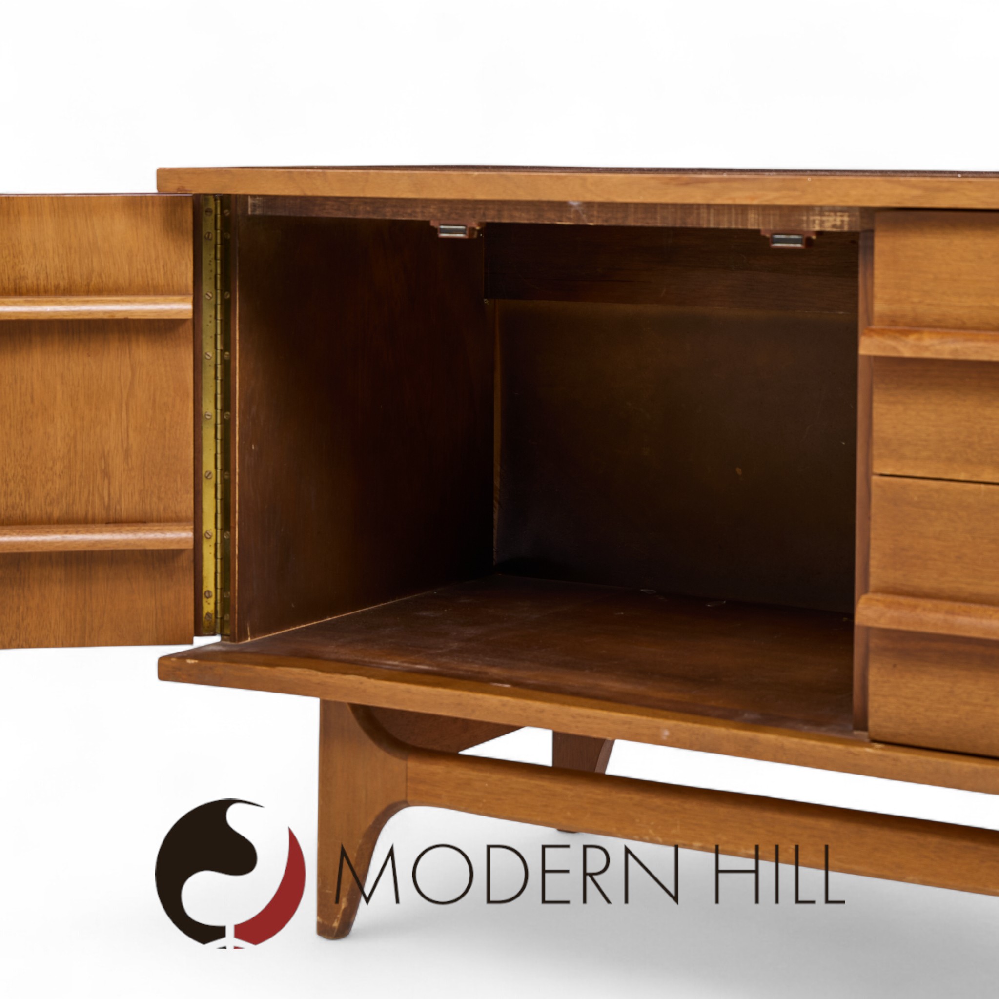 Young Manufacturing Mid Century Walnut Curverd Credenza and Hutch