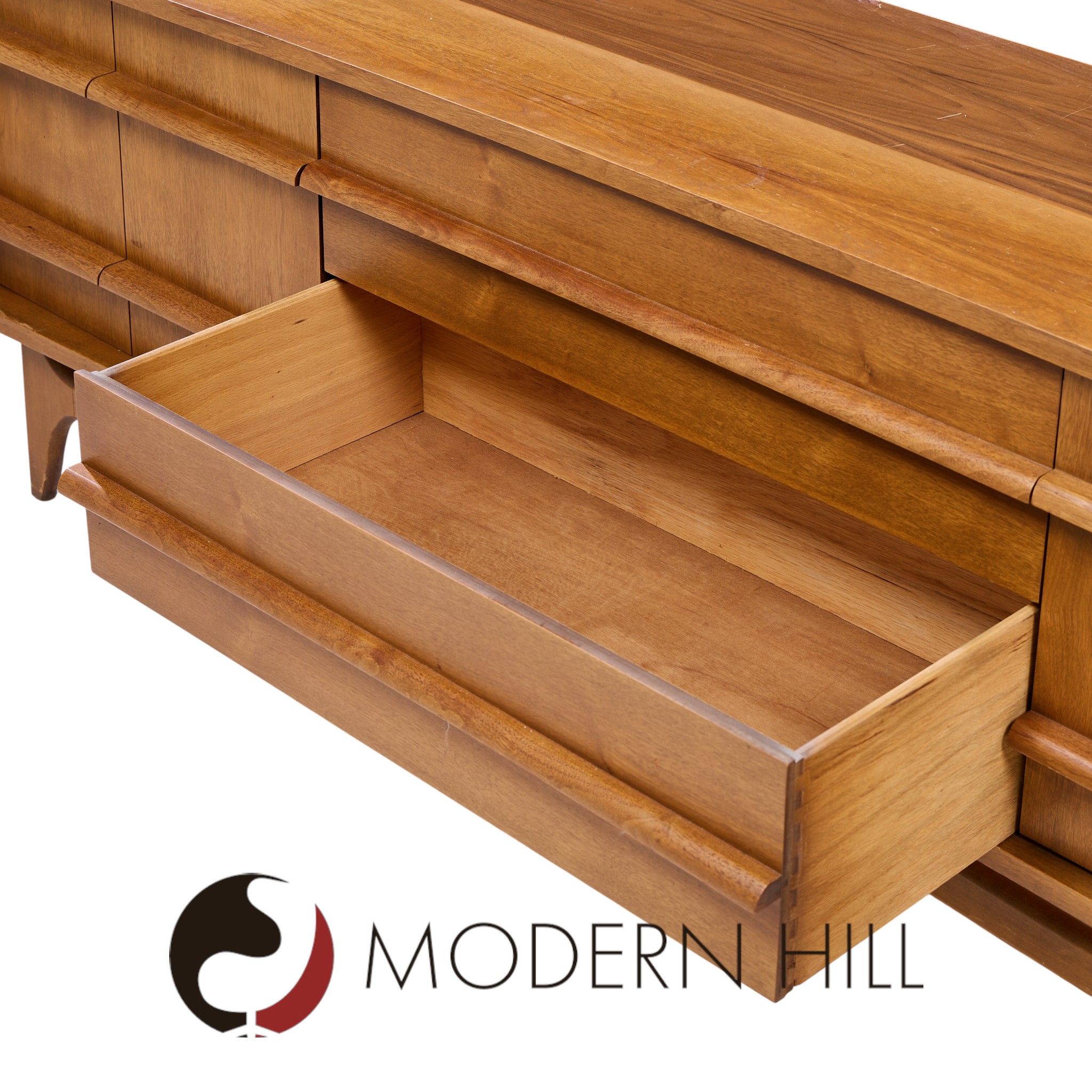 Young Manufacturing Mid Century Walnut Curverd Credenza and Hutch