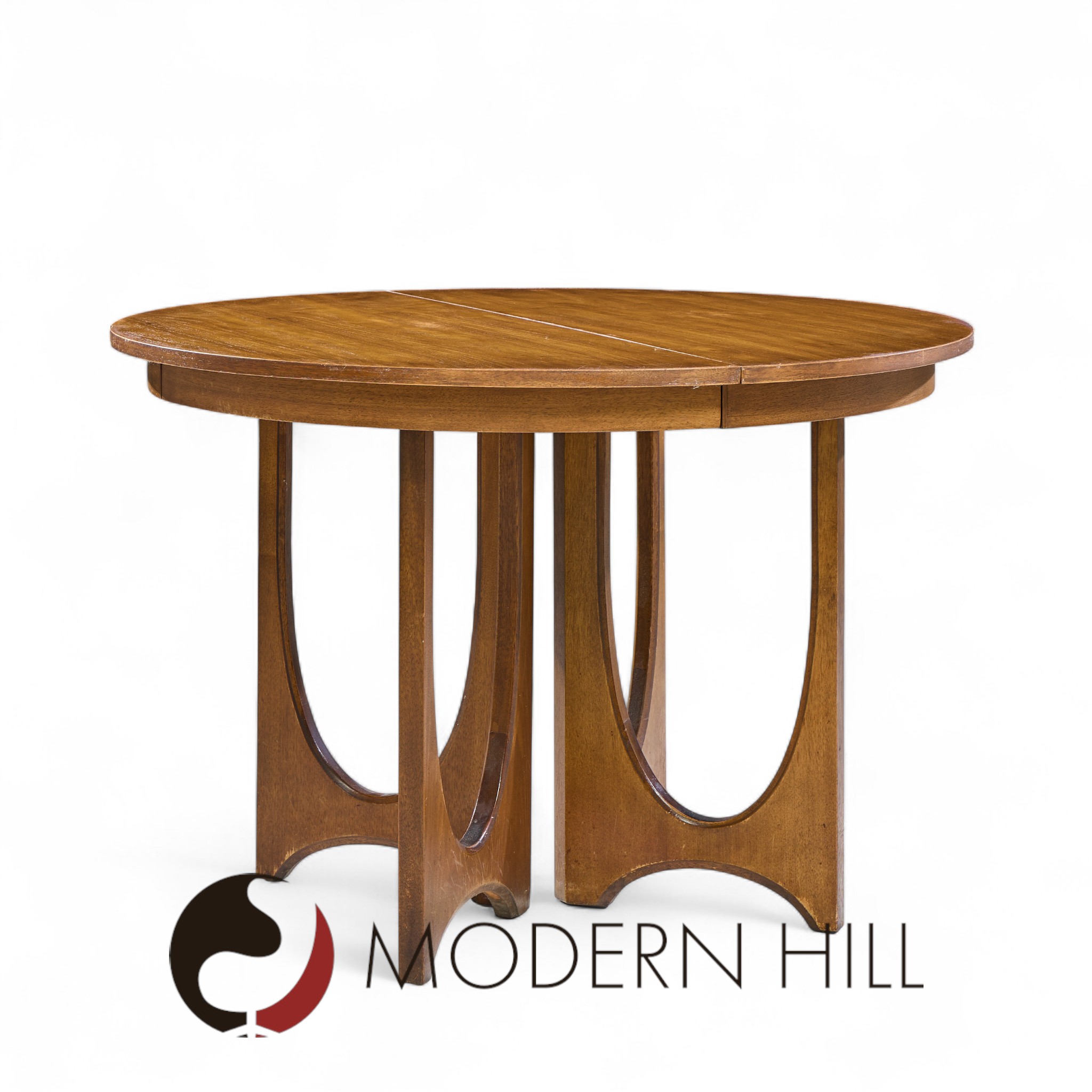 Broyhill Brasilia Mid Century Walnut Round Expanding Dining Table with 2 Leaves