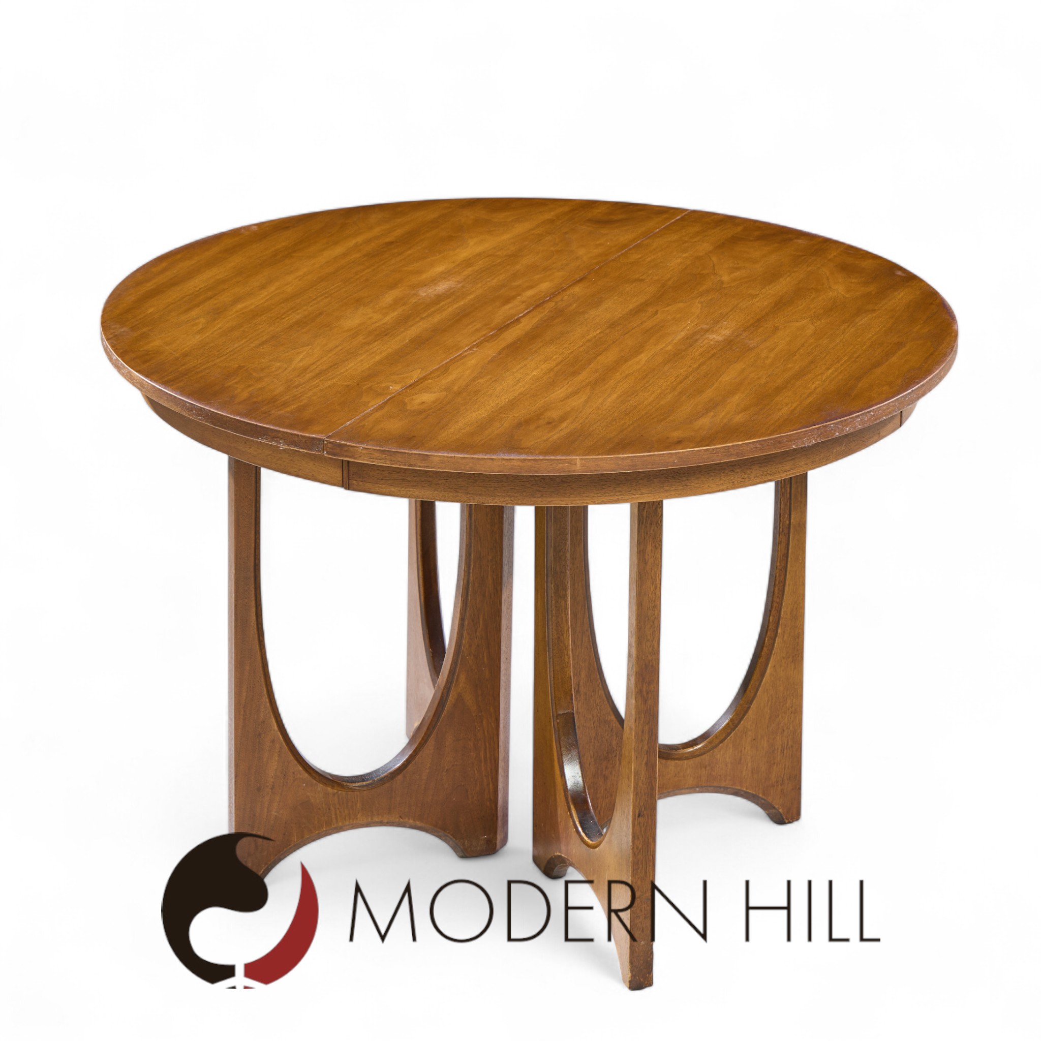Broyhill Brasilia Mid Century Walnut Round Expanding Dining Table with 2 Leaves