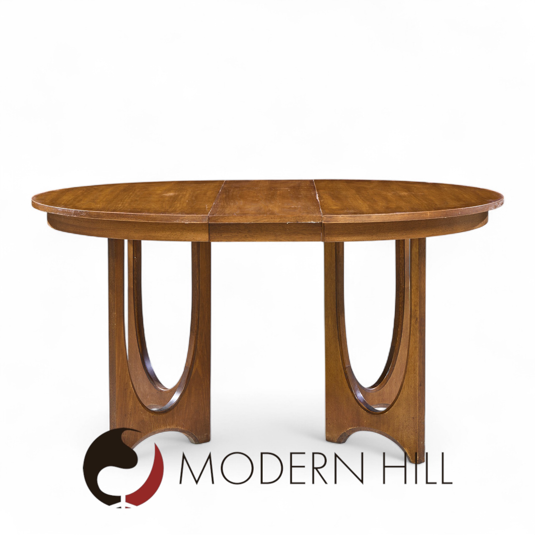 Broyhill Brasilia Mid Century Walnut Round Expanding Dining Table with 2 Leaves