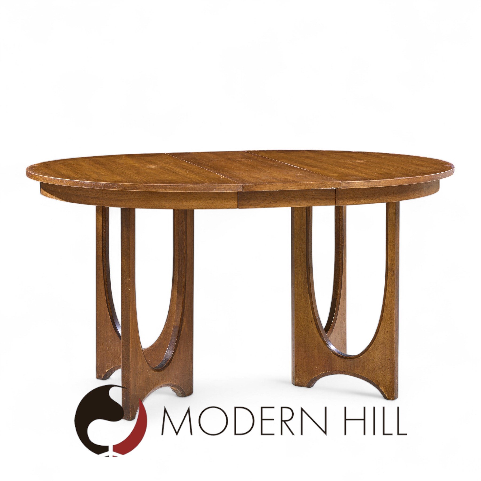 Broyhill Brasilia Mid Century Walnut Round Expanding Dining Table with 2 Leaves
