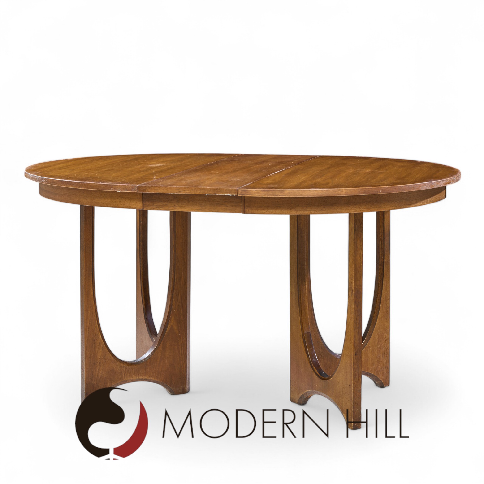 Broyhill Brasilia Mid Century Walnut Round Expanding Dining Table with 2 Leaves