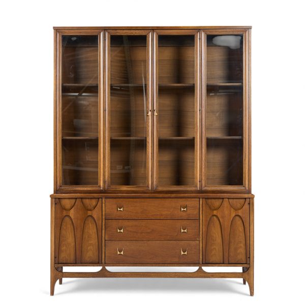 Broyhill Brasilia Mid Century Walnut and Brass Credenza and Hutch