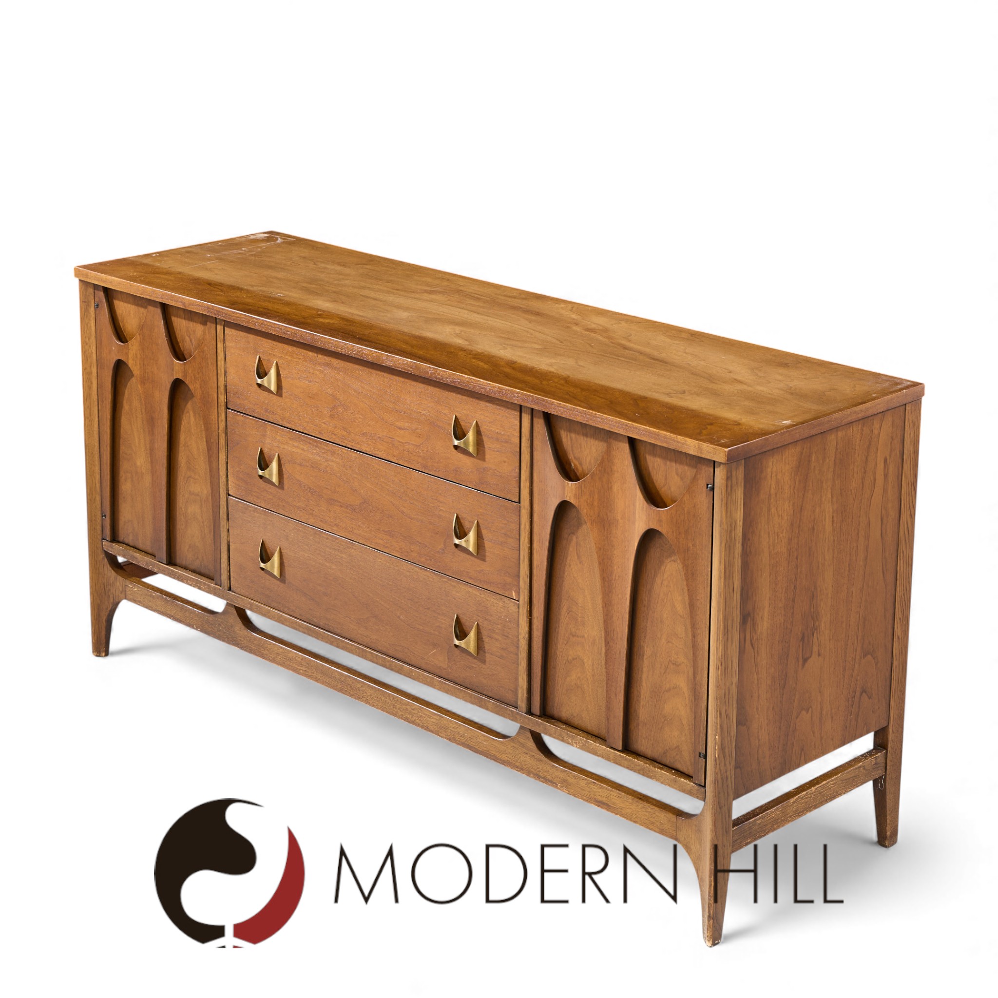 Broyhill Brasilia Mid Century Walnut and Brass Credenza and Hutch