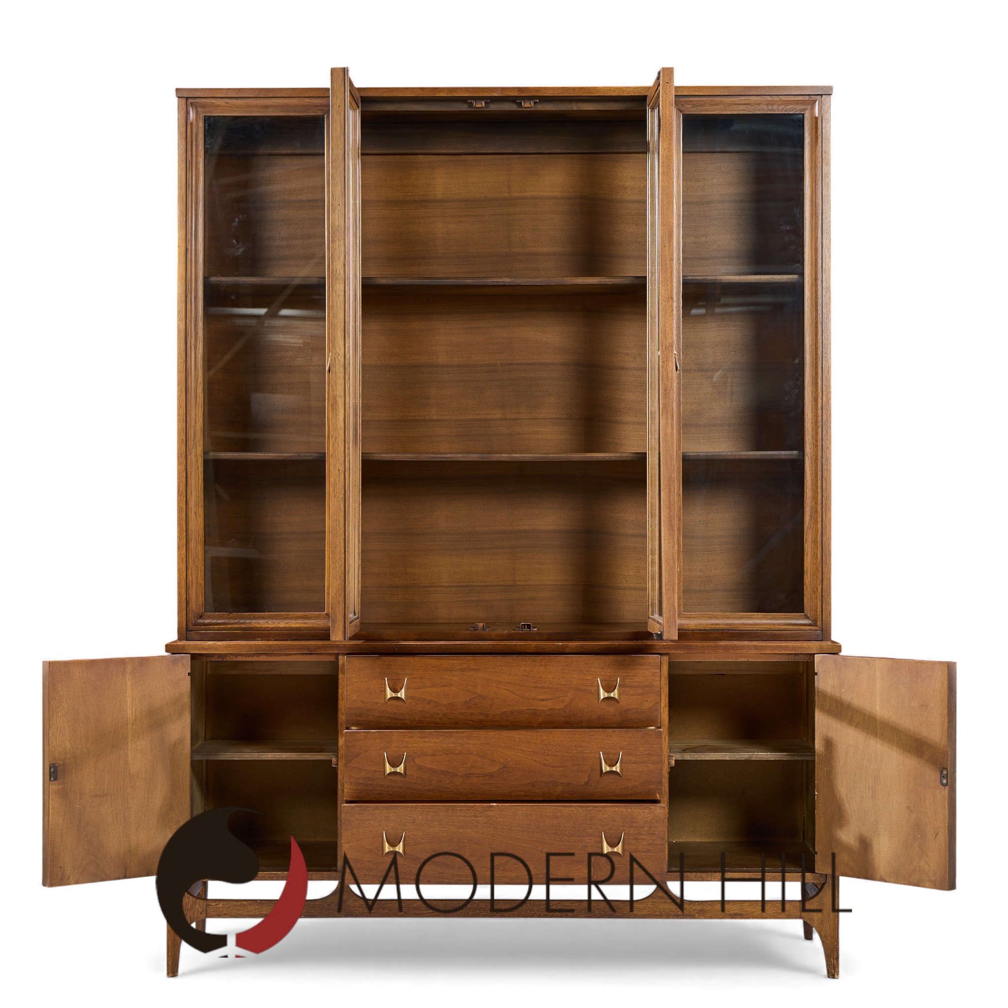 Broyhill Brasilia Mid Century Walnut and Brass Credenza and Hutch
