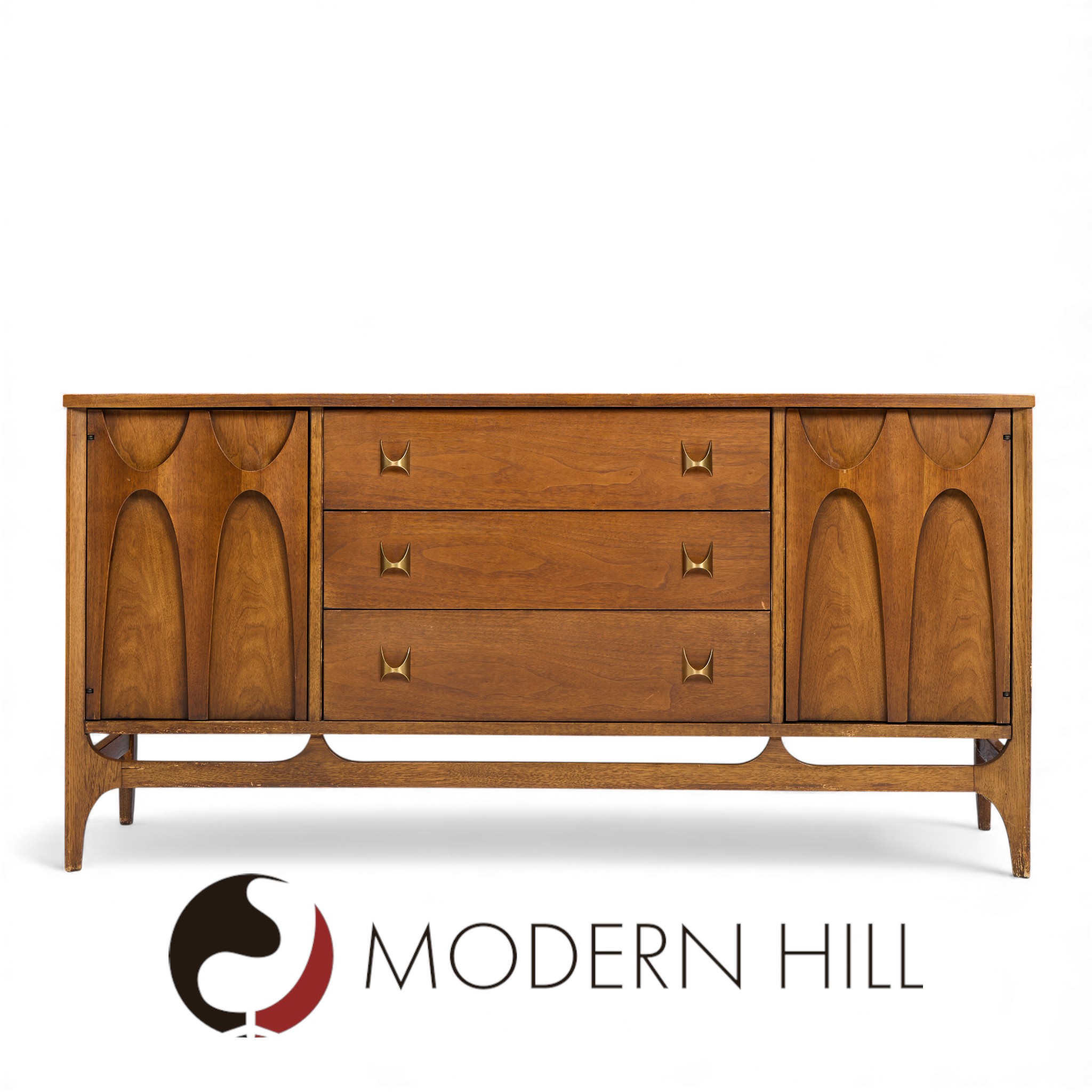 Broyhill Brasilia Mid Century Walnut and Brass Credenza and Hutch