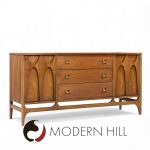 Broyhill Brasilia Mid Century Walnut and Brass Credenza and Hutch
