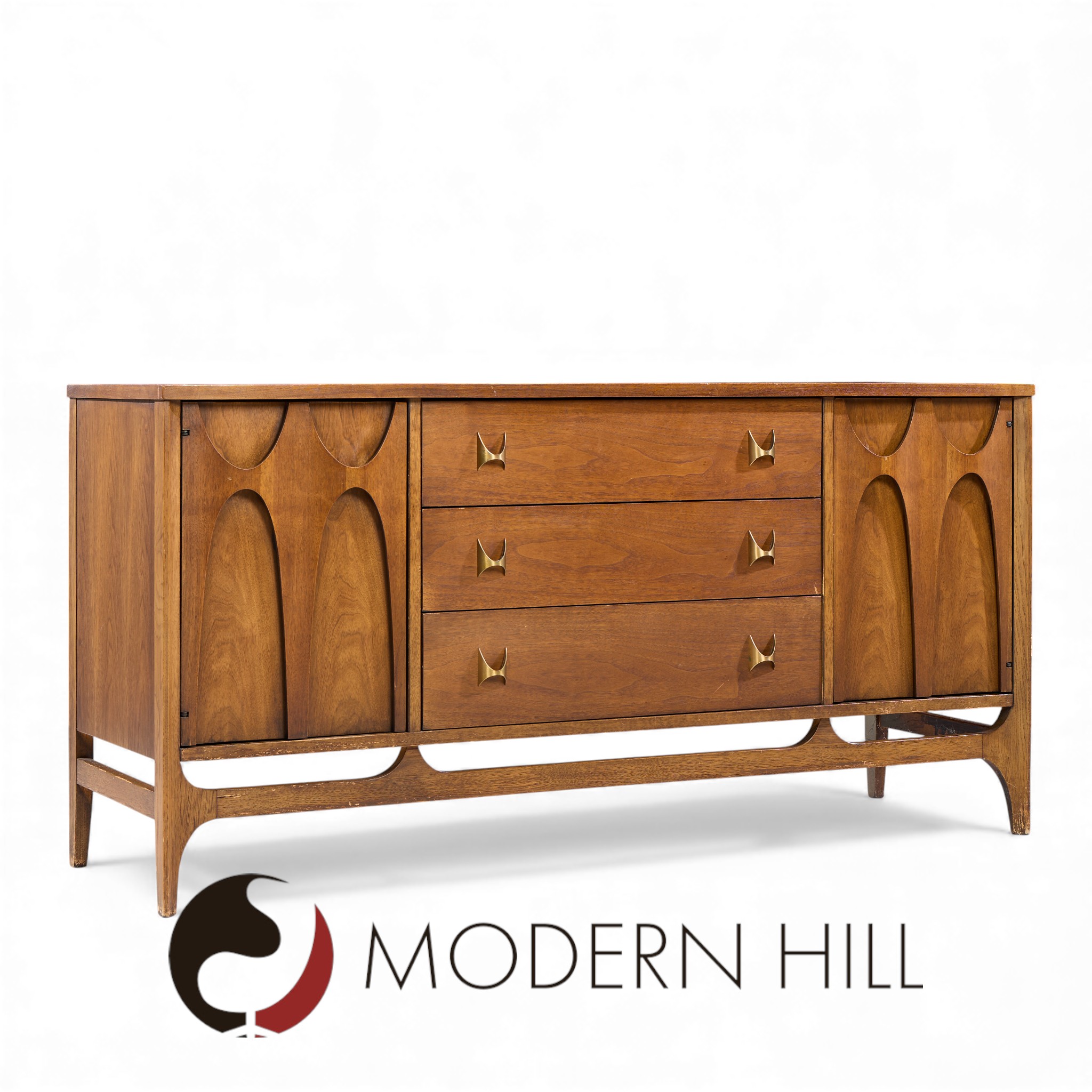 Broyhill Brasilia Mid Century Walnut and Brass Credenza and Hutch