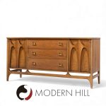 Broyhill Brasilia Mid Century Walnut and Brass Credenza and Hutch