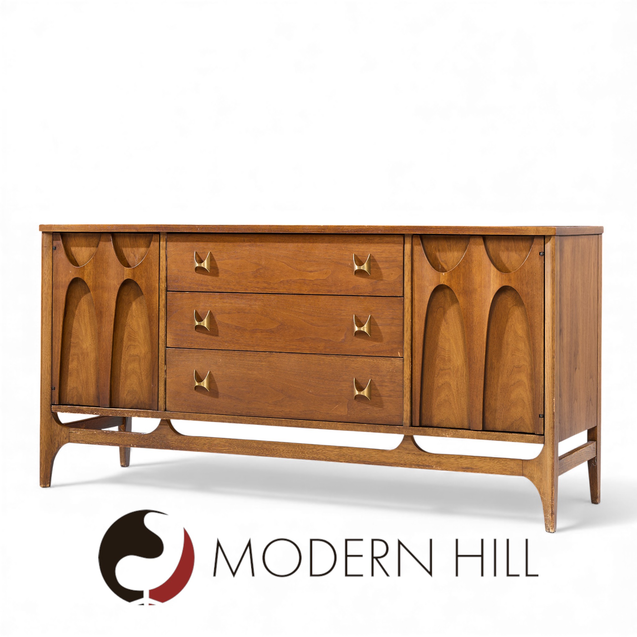 Broyhill Brasilia Mid Century Walnut and Brass Credenza and Hutch