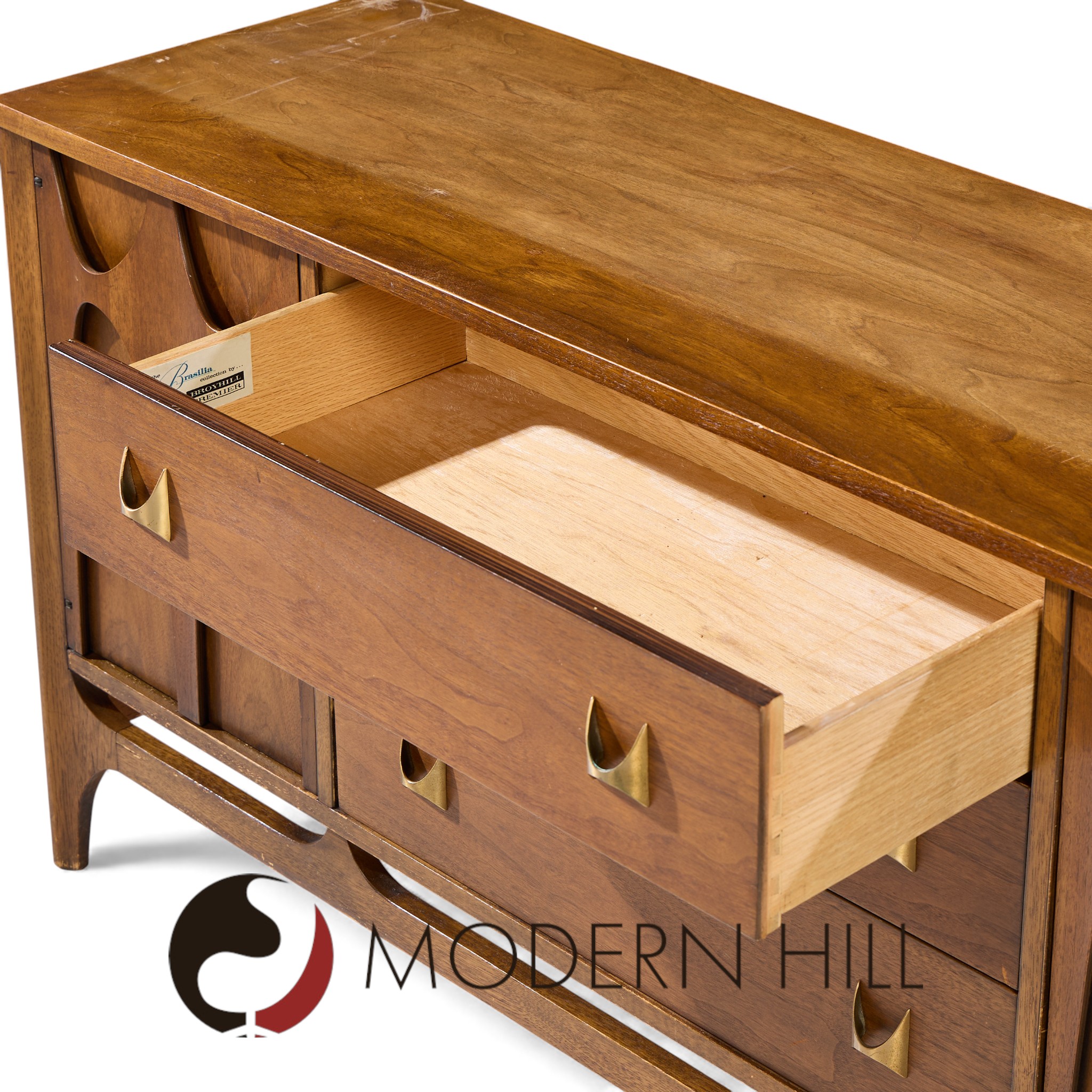 Broyhill Brasilia Mid Century Walnut and Brass Credenza and Hutch