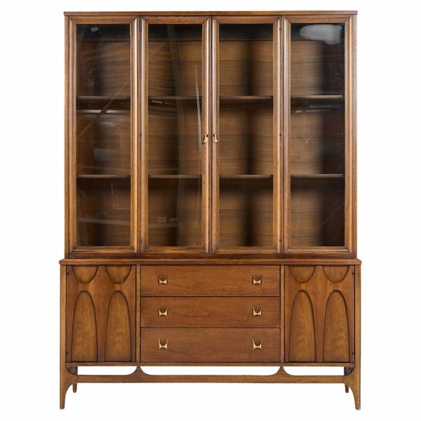 Broyhill Brasilia Mid Century Walnut and Brass Credenza and Hutch