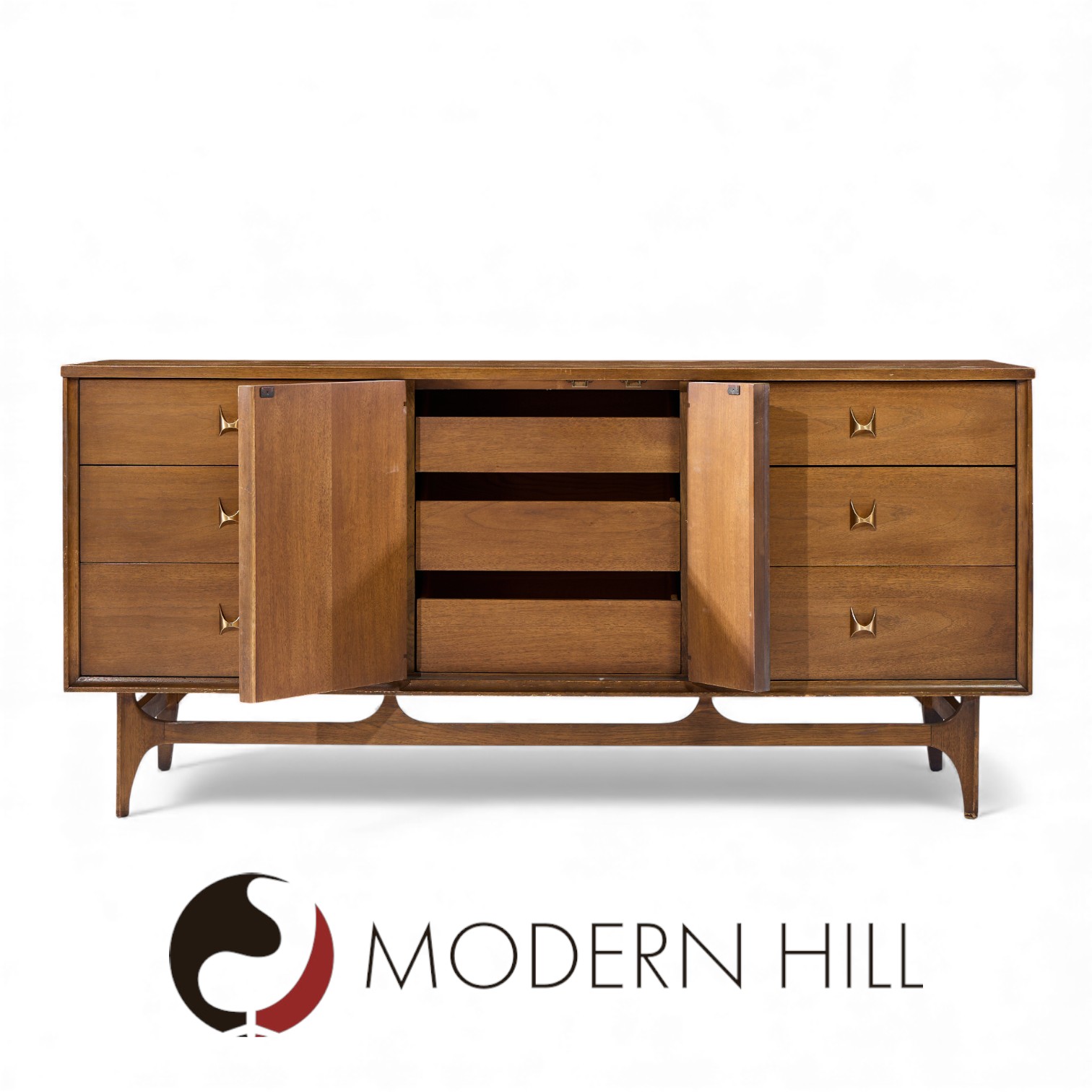 Broyhill Brasilia Mid Century Walnut and Brass Lowboy Dresser
