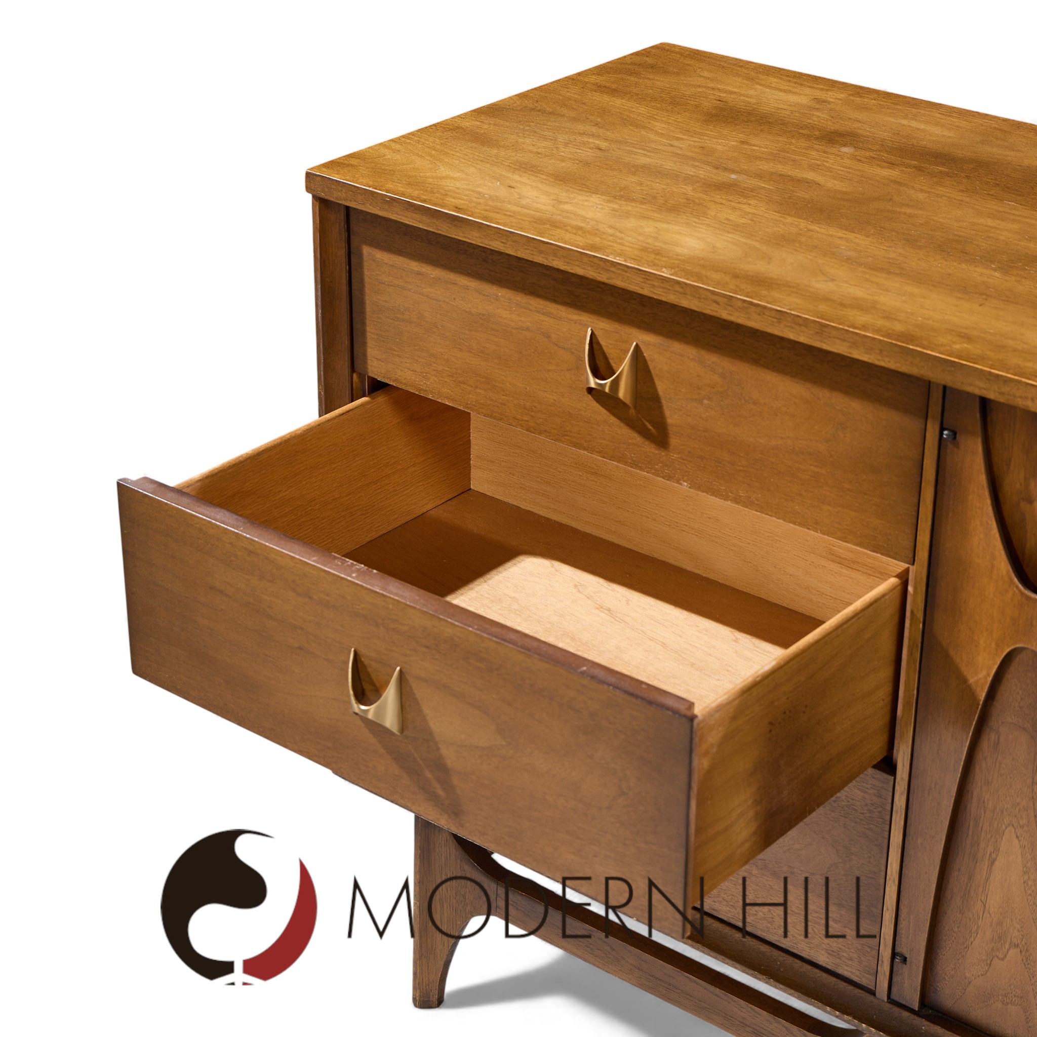 Broyhill Brasilia Mid Century Walnut and Brass Lowboy Dresser