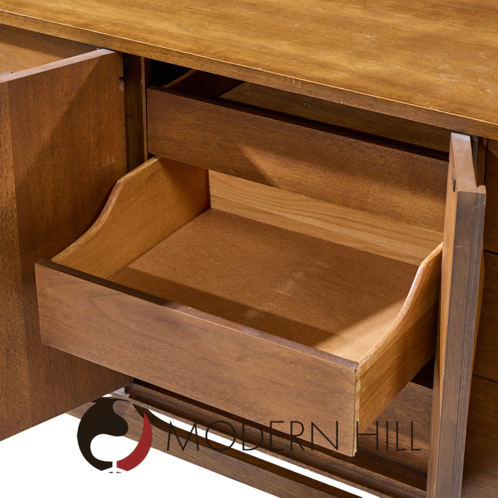 Broyhill Brasilia Mid Century Walnut and Brass Lowboy Dresser