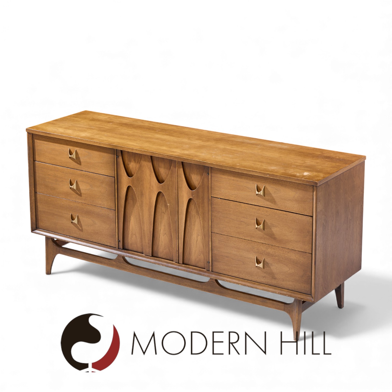 Broyhill Brasilia Mid Century Walnut and Brass Lowboy Dresser