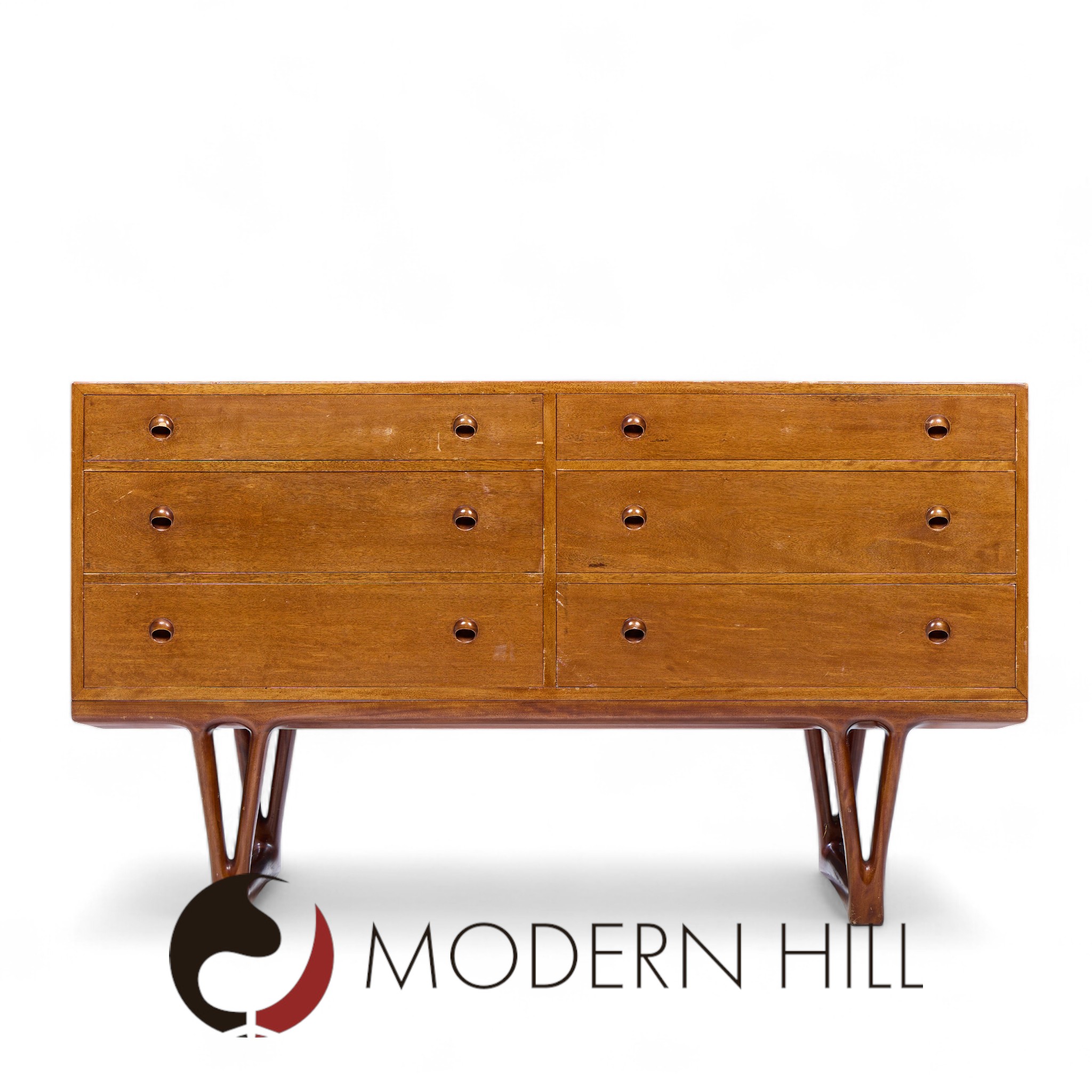 Helge Vestergaard-jensen for Peder Pedersen Mid Century Sculptural Danish Teak 6 Drawer Dresser