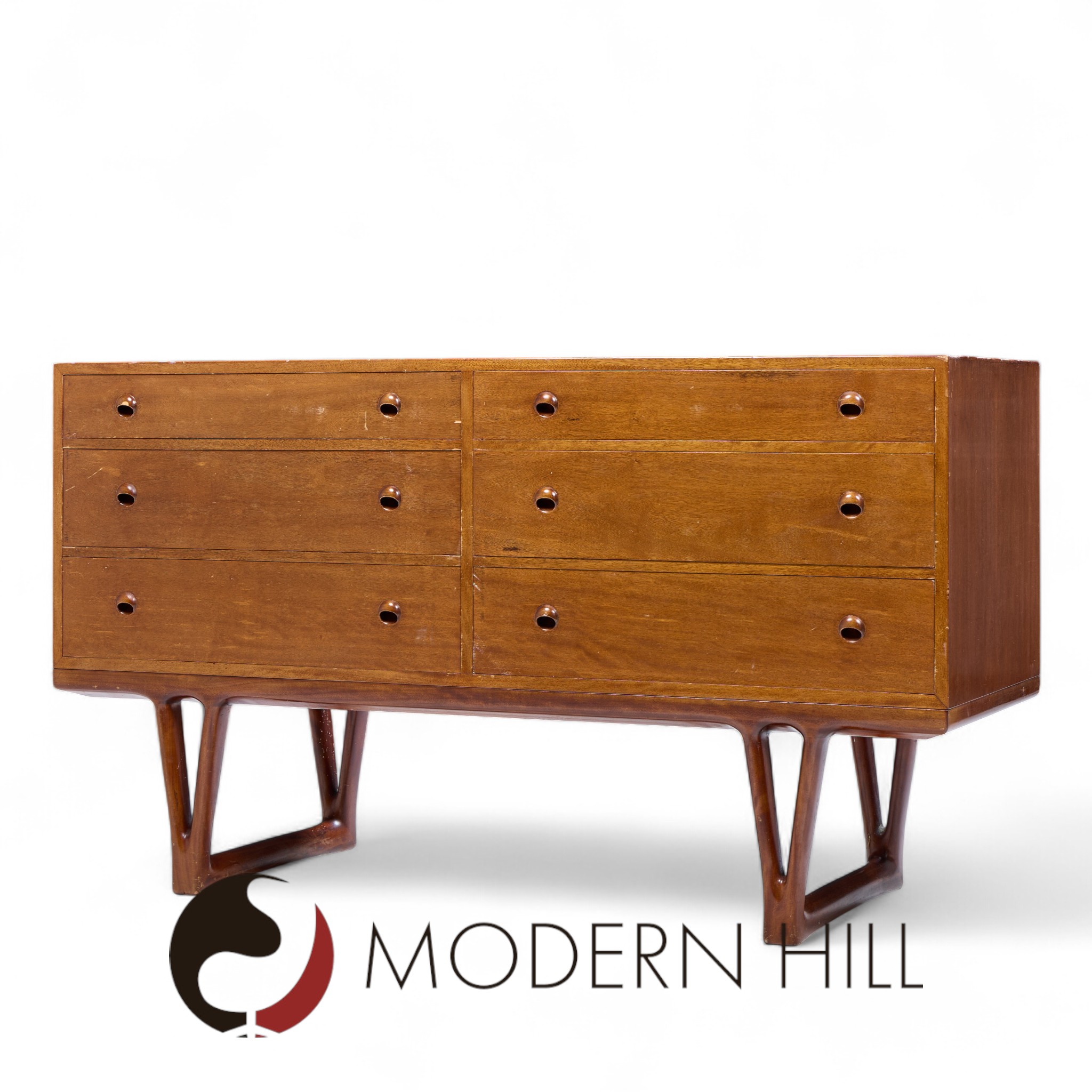 Helge Vestergaard-jensen for Peder Pedersen Mid Century Sculptural Danish Teak 6 Drawer Dresser