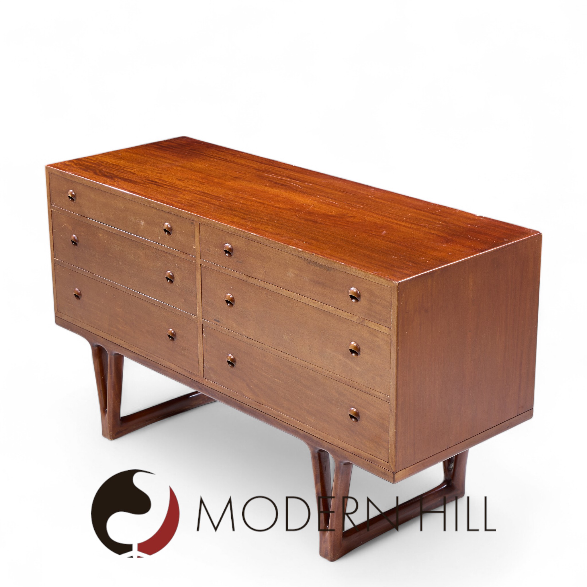 Helge Vestergaard-jensen for Peder Pedersen Mid Century Sculptural Danish Teak 6 Drawer Dresser