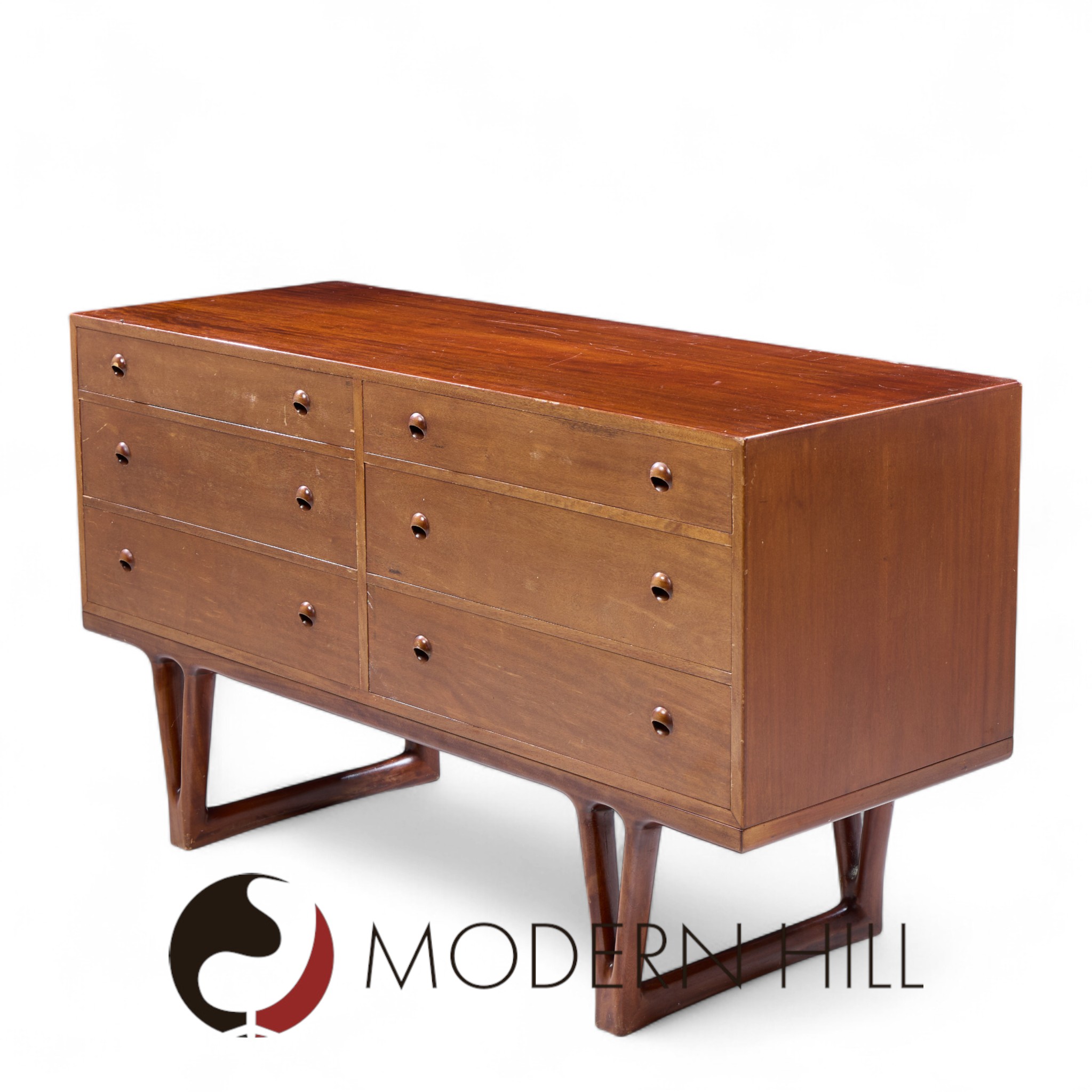 Helge Vestergaard-jensen for Peder Pedersen Mid Century Sculptural Danish Teak 6 Drawer Dresser