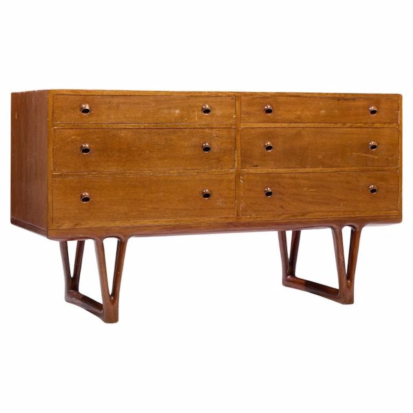Helge Vestergaard-jensen for Peder Pedersen Mid Century Sculptural Danish Teak 6 Drawer Dresser