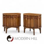 Kent Coffey Perspecta Mid Century Round Walnut and Rosewood Nightstands -  Pair