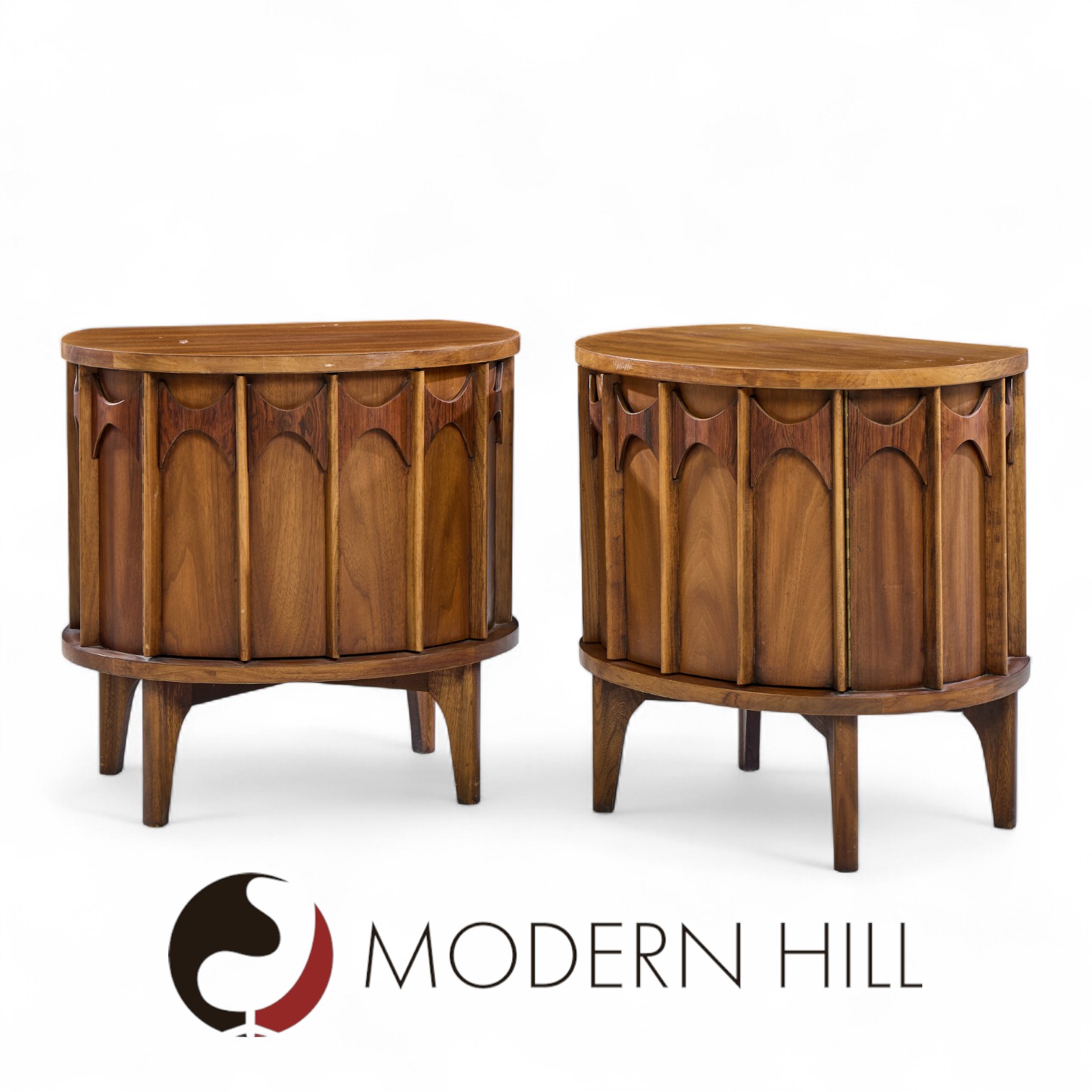 Kent Coffey Perspecta Mid Century Round Walnut and Rosewood Nightstands -  Pair