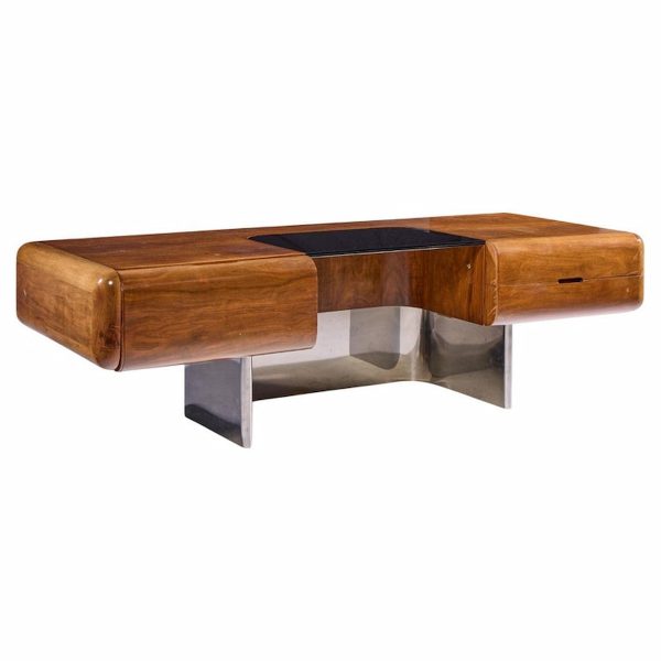 M.f. Harty for Stow and Davis Mid Century Walnut, Chrome and Glass Executive Desk