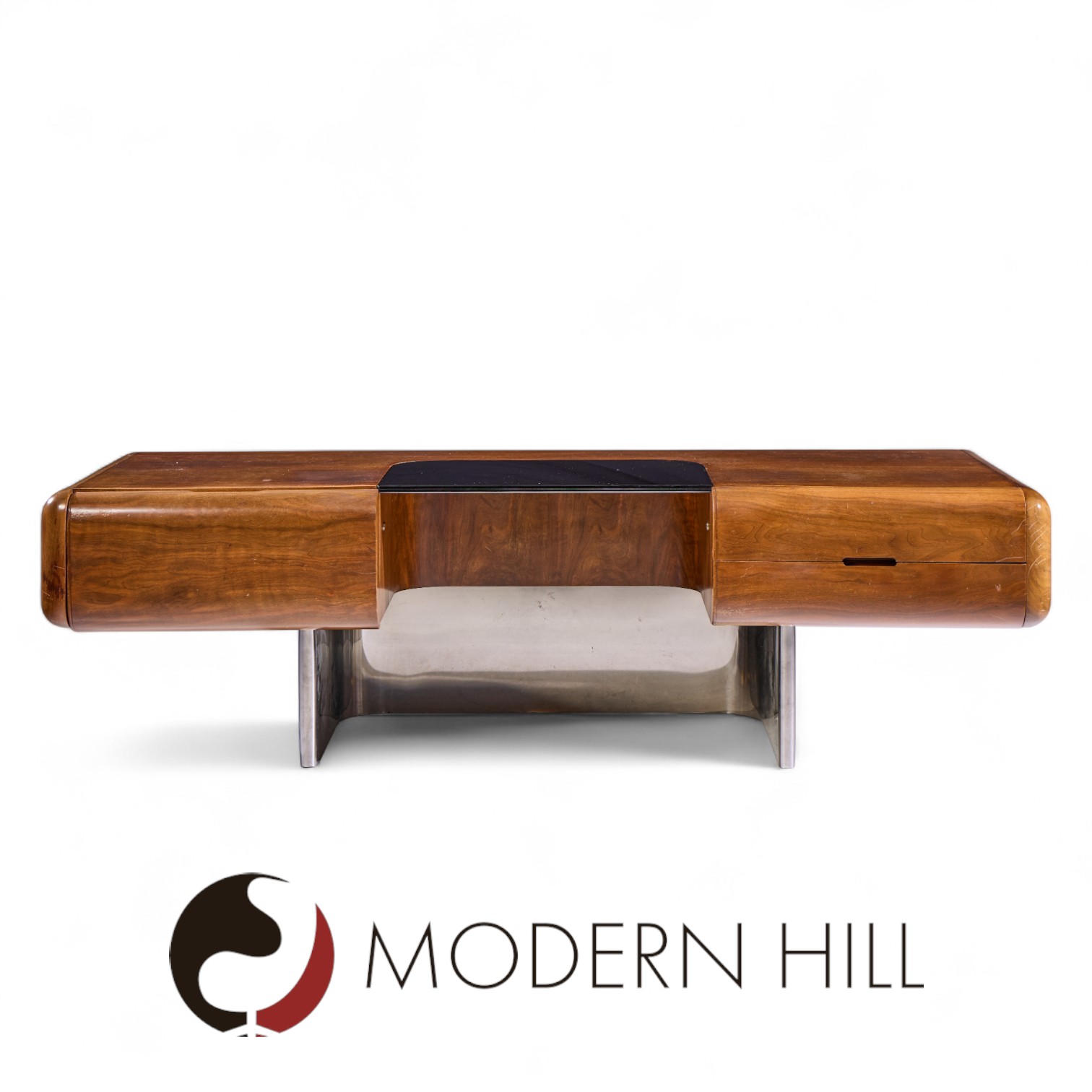 M.f. Harty for Stow and Davis Mid Century Walnut, Chrome and Glass Executive Desk