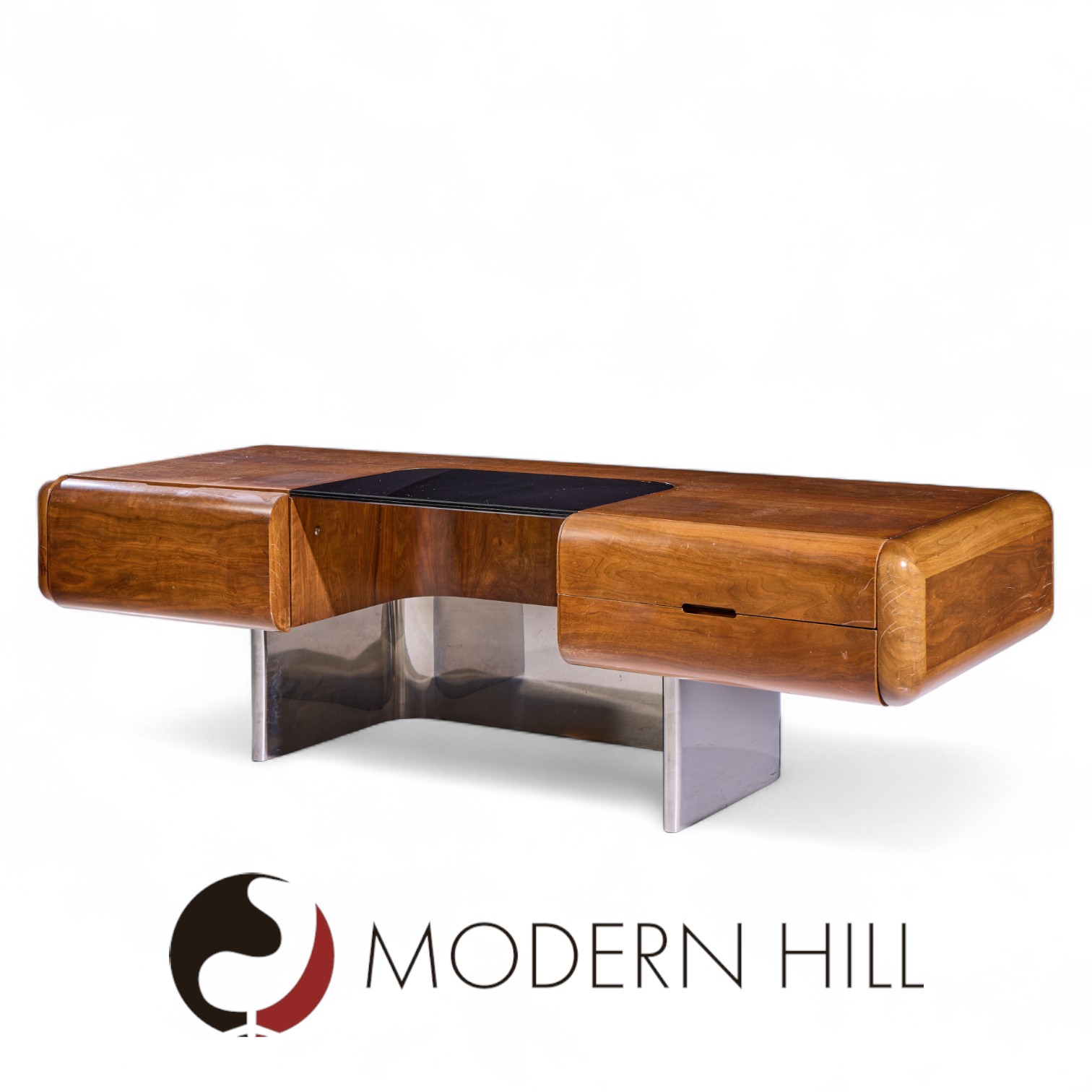 M.f. Harty for Stow and Davis Mid Century Walnut, Chrome and Glass Executive Desk