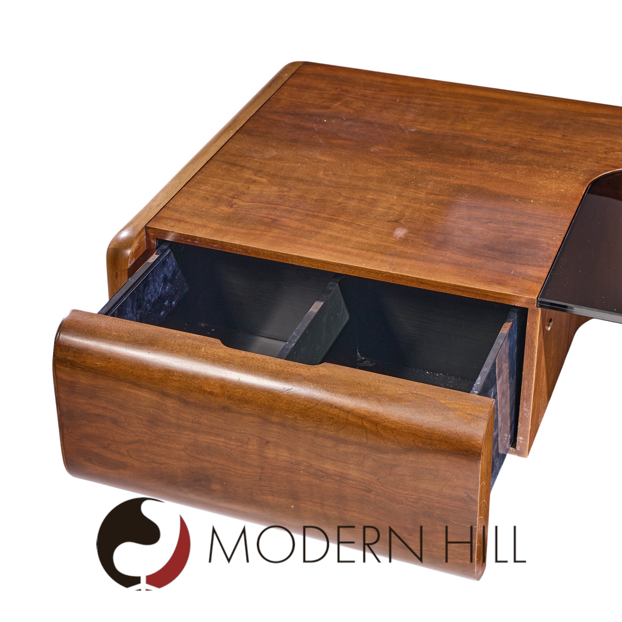 M.f. Harty for Stow and Davis Mid Century Walnut, Chrome and Glass Executive Desk