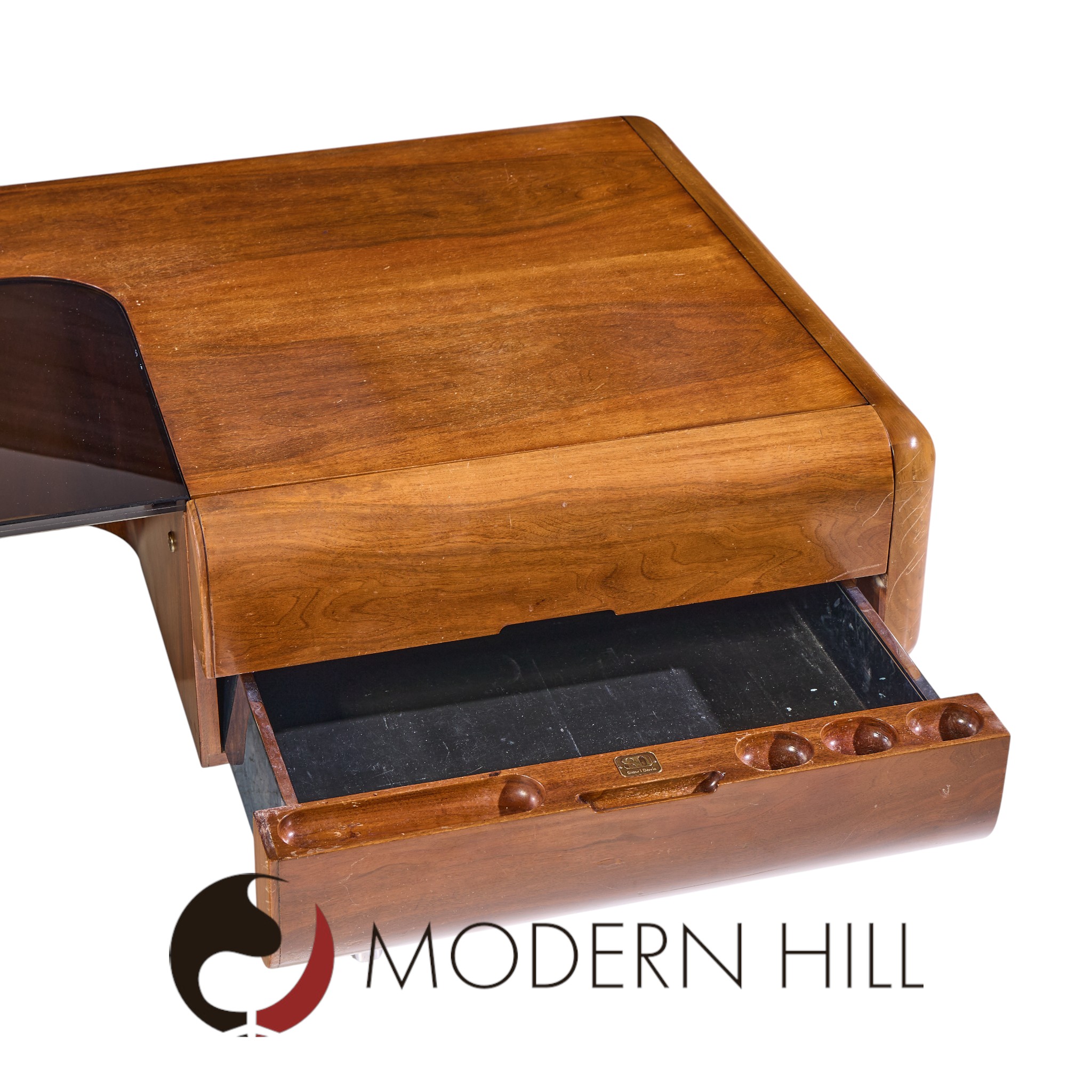 M.f. Harty for Stow and Davis Mid Century Walnut, Chrome and Glass Executive Desk