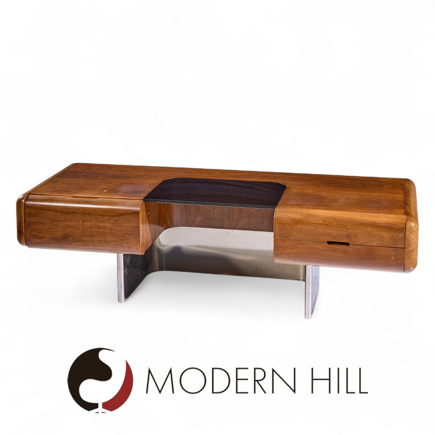 M.f. Harty for Stow and Davis Mid Century Walnut, Chrome and Glass Executive Desk