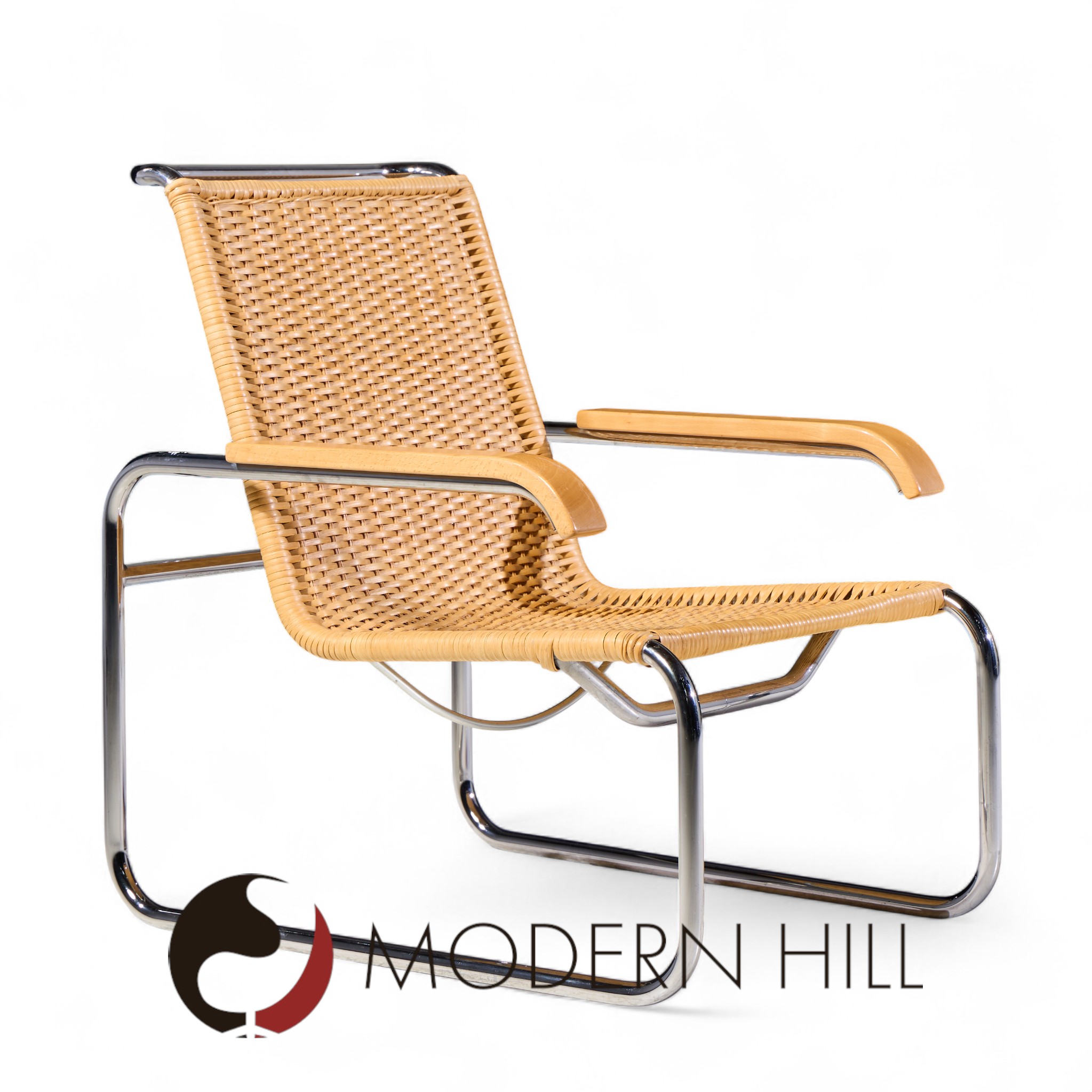 Marcel Breuer for Thonet B35 Mid Century Chrome and Rattan Lounge Chairs - Pair