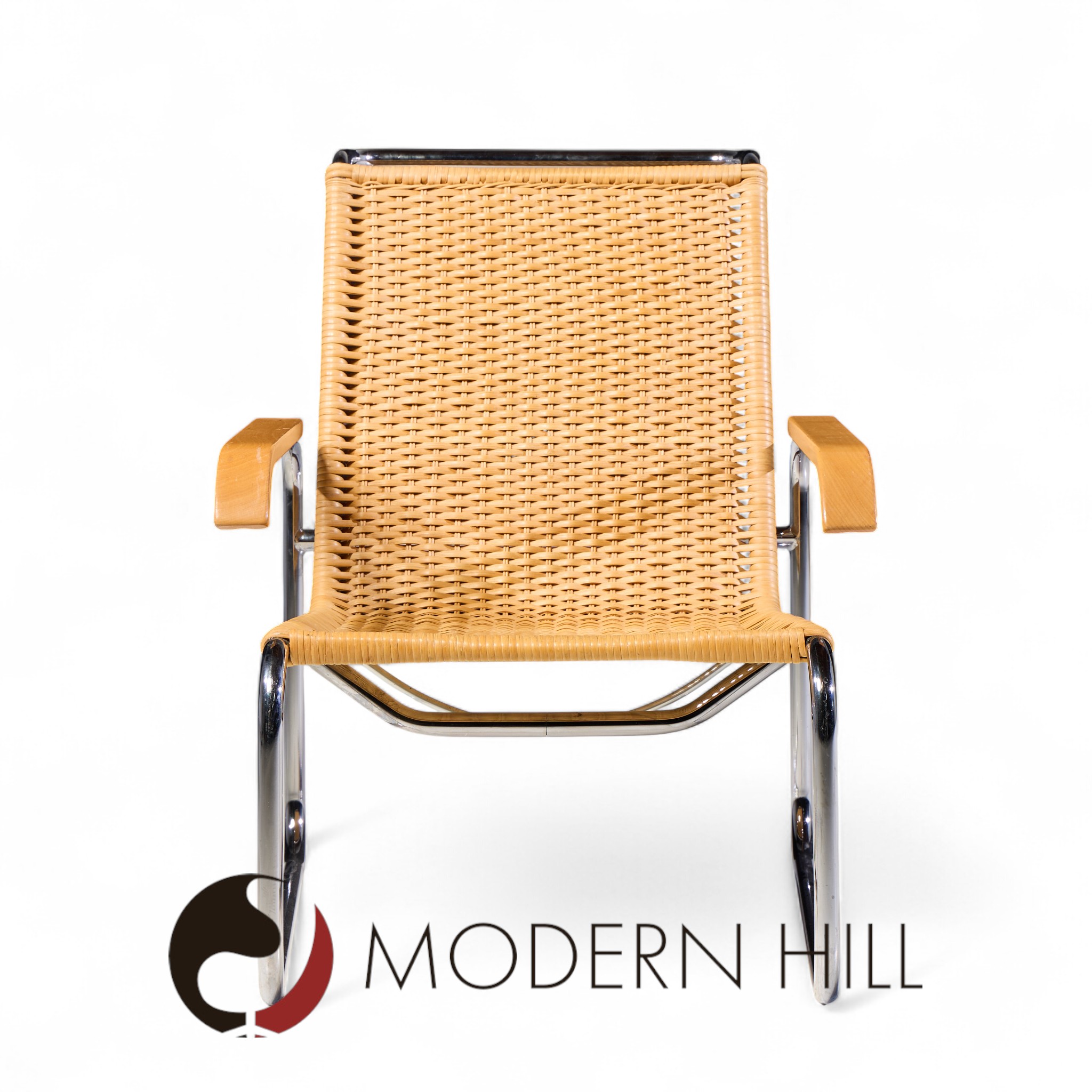 Marcel Breuer for Thonet B35 Mid Century Chrome and Rattan Lounge Chairs - Pair