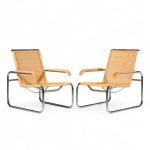 Marcel Breuer for Thonet B35 Mid Century Chrome and Rattan Lounge Chairs - Pair