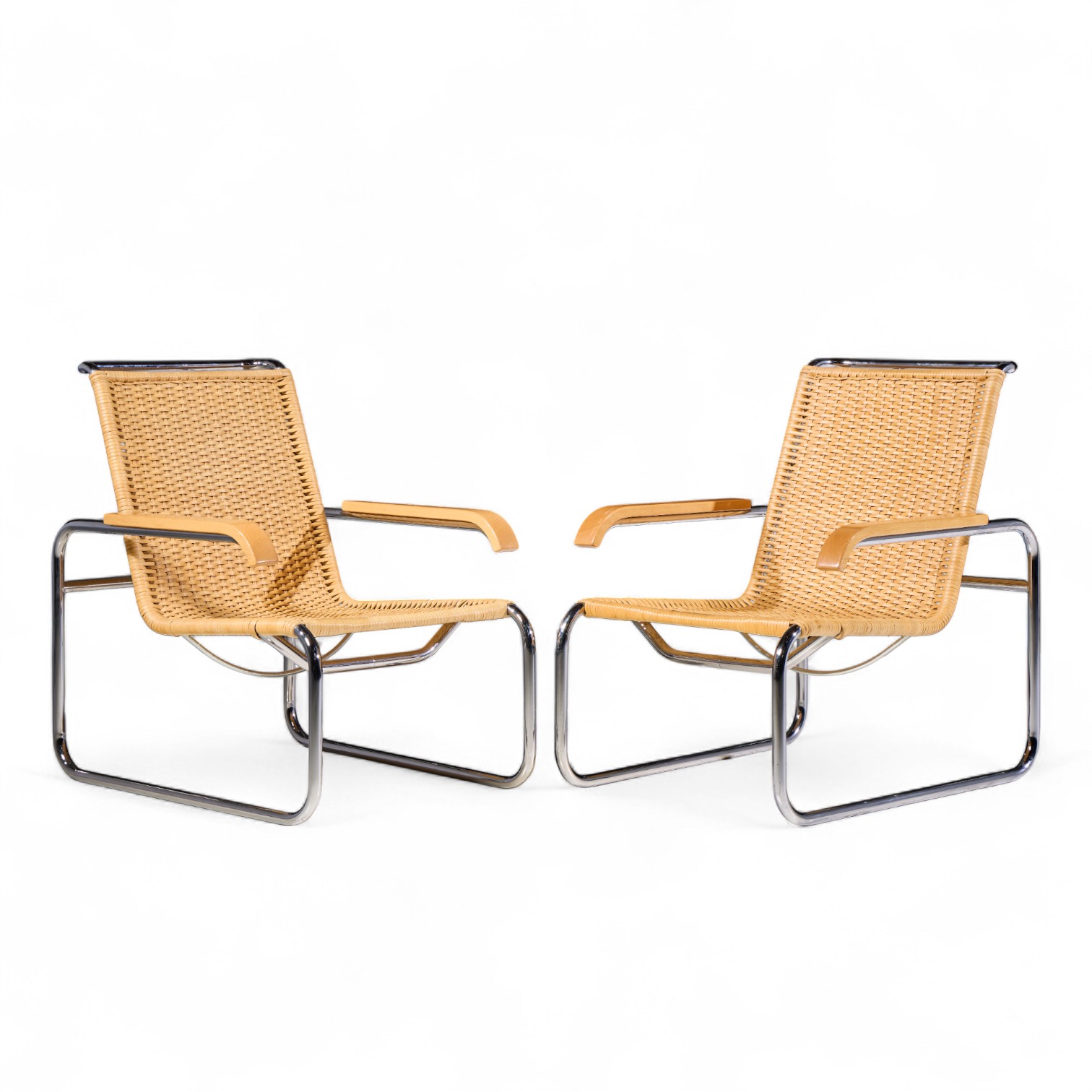 Marcel Breuer for Thonet B35 Mid Century Chrome and Rattan Lounge Chairs - Pair