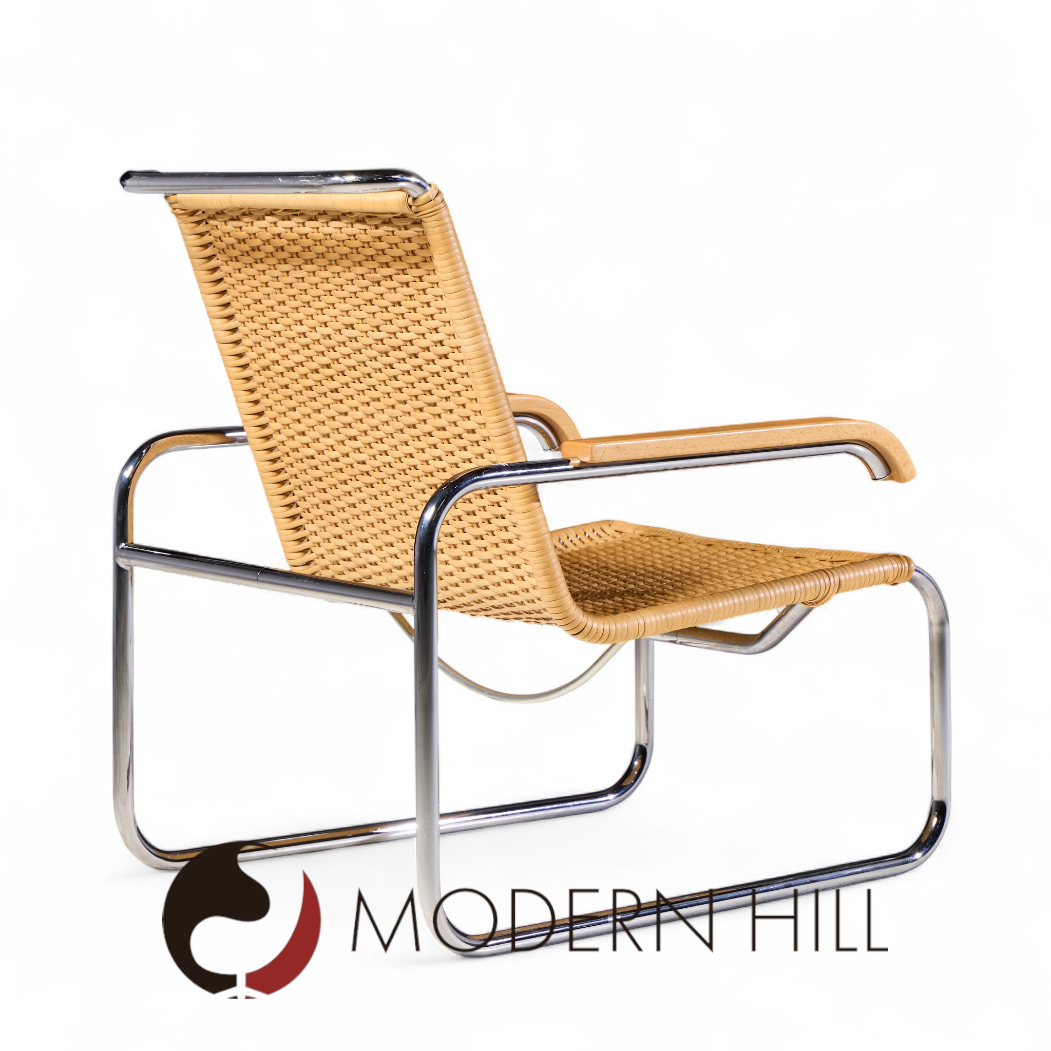 Marcel Breuer for Thonet B35 Mid Century Chrome and Rattan Lounge Chairs - Pair