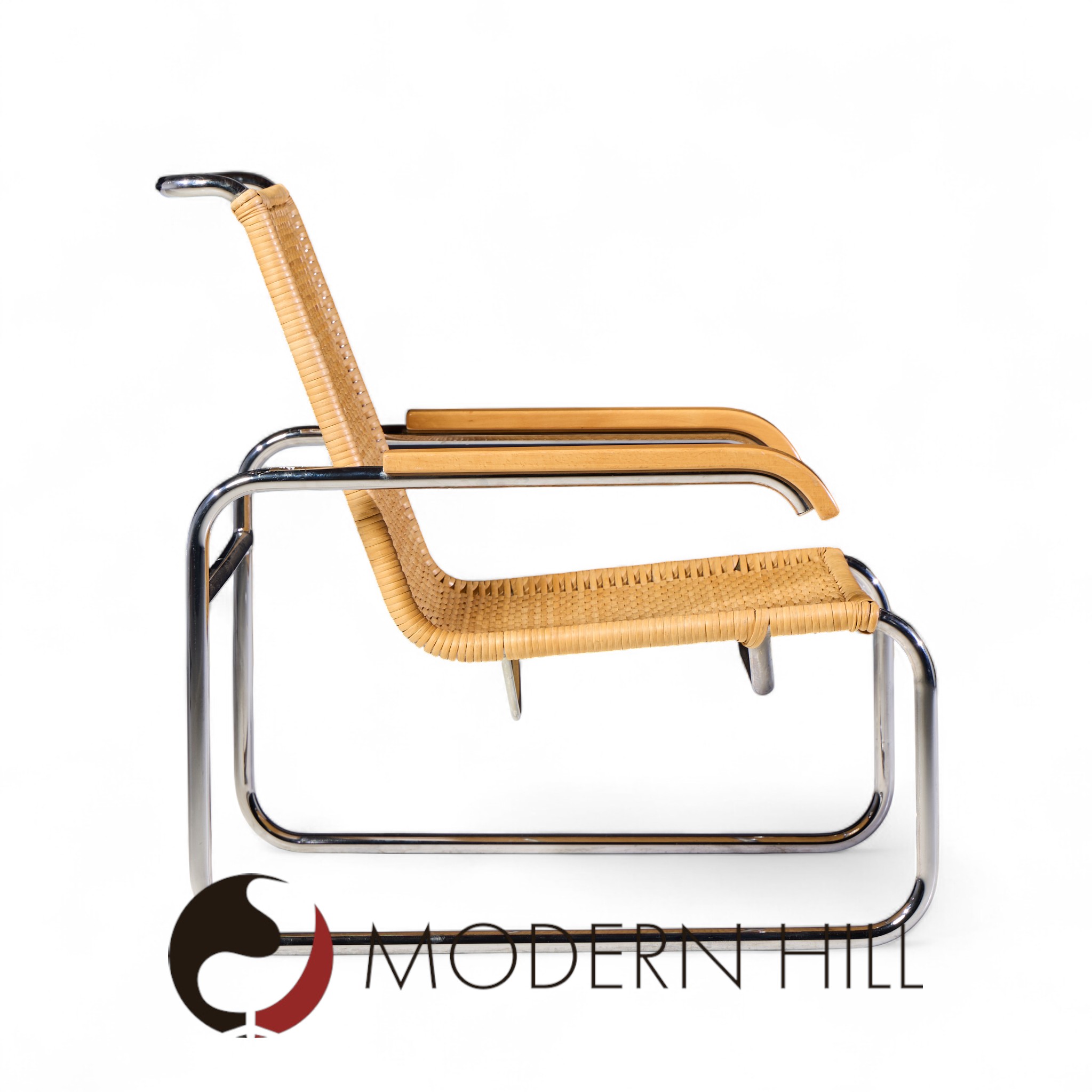 Marcel Breuer for Thonet B35 Mid Century Chrome and Rattan Lounge Chairs - Pair