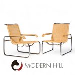 Marcel Breuer for Thonet B35 Mid Century Chrome and Rattan Lounge Chairs - Pair