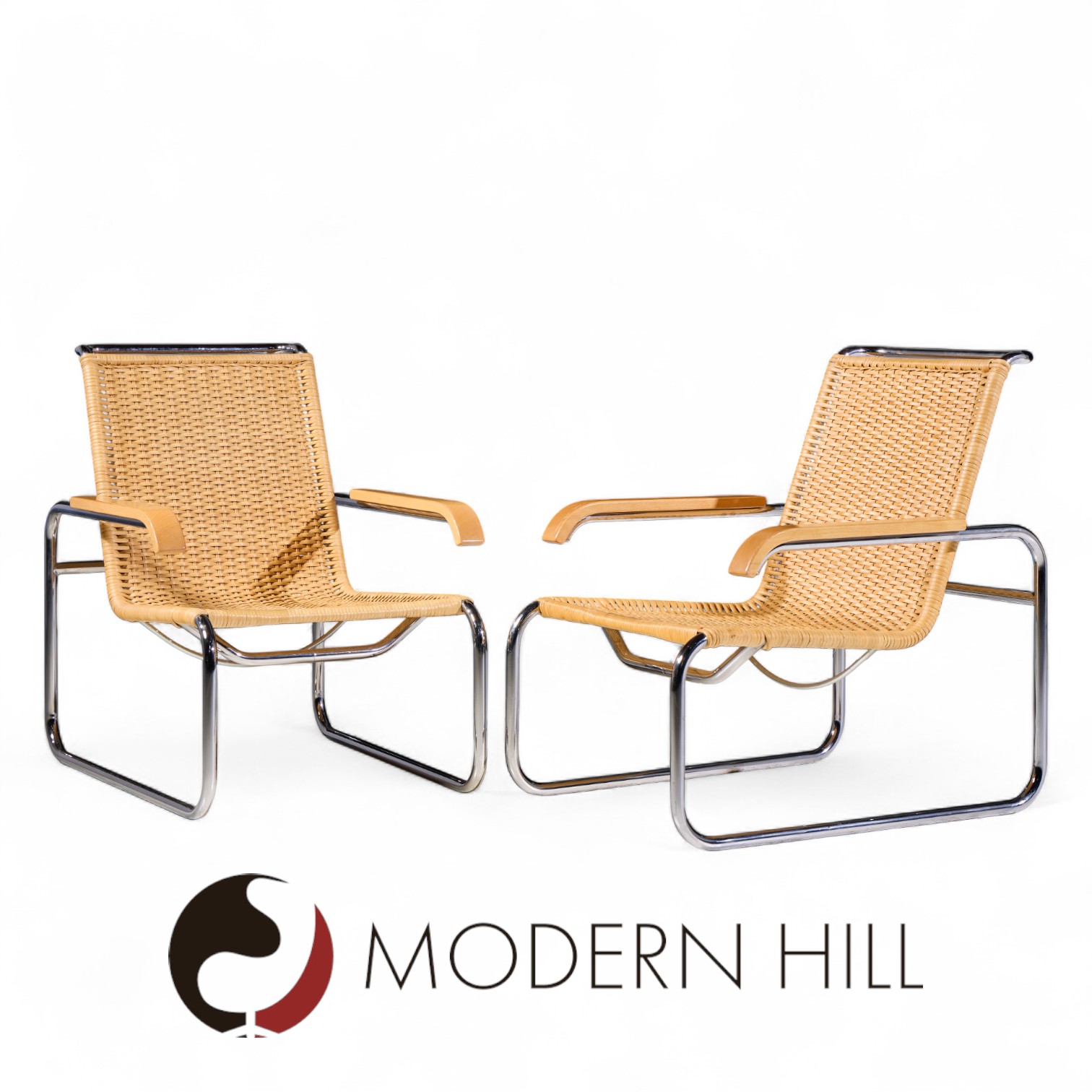 Marcel Breuer for Thonet B35 Mid Century Chrome and Rattan Lounge Chairs - Pair