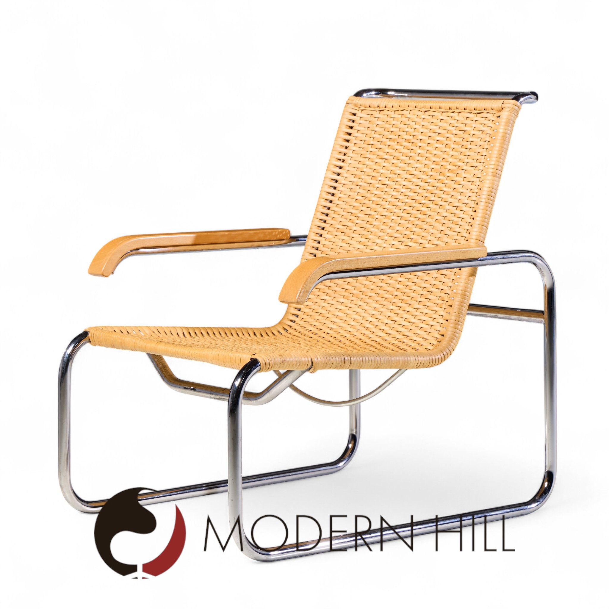 Marcel Breuer for Thonet B35 Mid Century Chrome and Rattan Lounge Chairs - Pair
