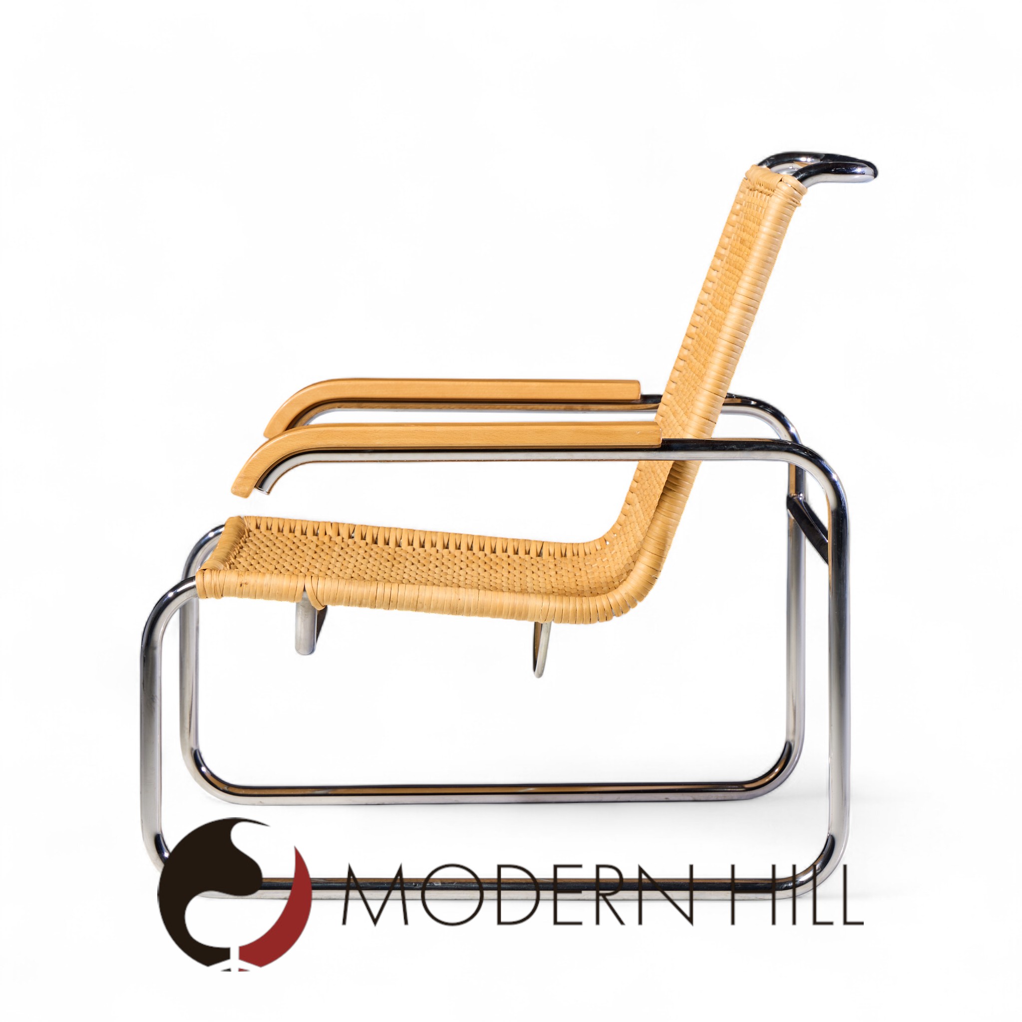 Marcel Breuer for Thonet B35 Mid Century Chrome and Rattan Lounge Chairs - Pair