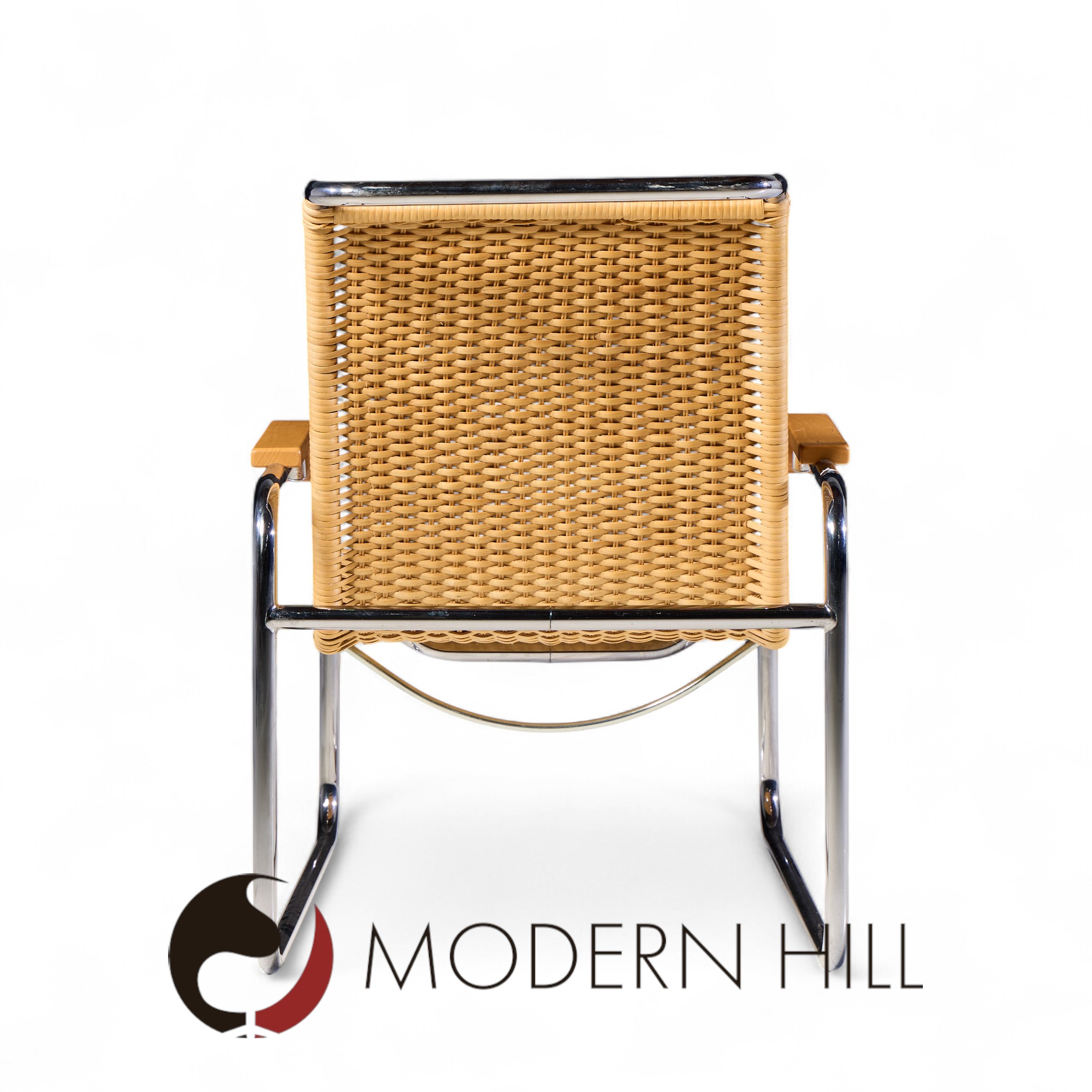 Marcel Breuer for Thonet B35 Mid Century Chrome and Rattan Lounge Chairs - Pair