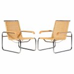 Marcel Breuer for Thonet B35 Mid Century Chrome and Rattan Lounge Chairs - Pair