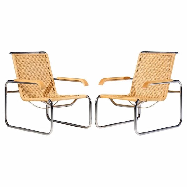 Marcel Breuer for Thonet B35 Mid Century Chrome and Rattan Lounge Chairs - Pair