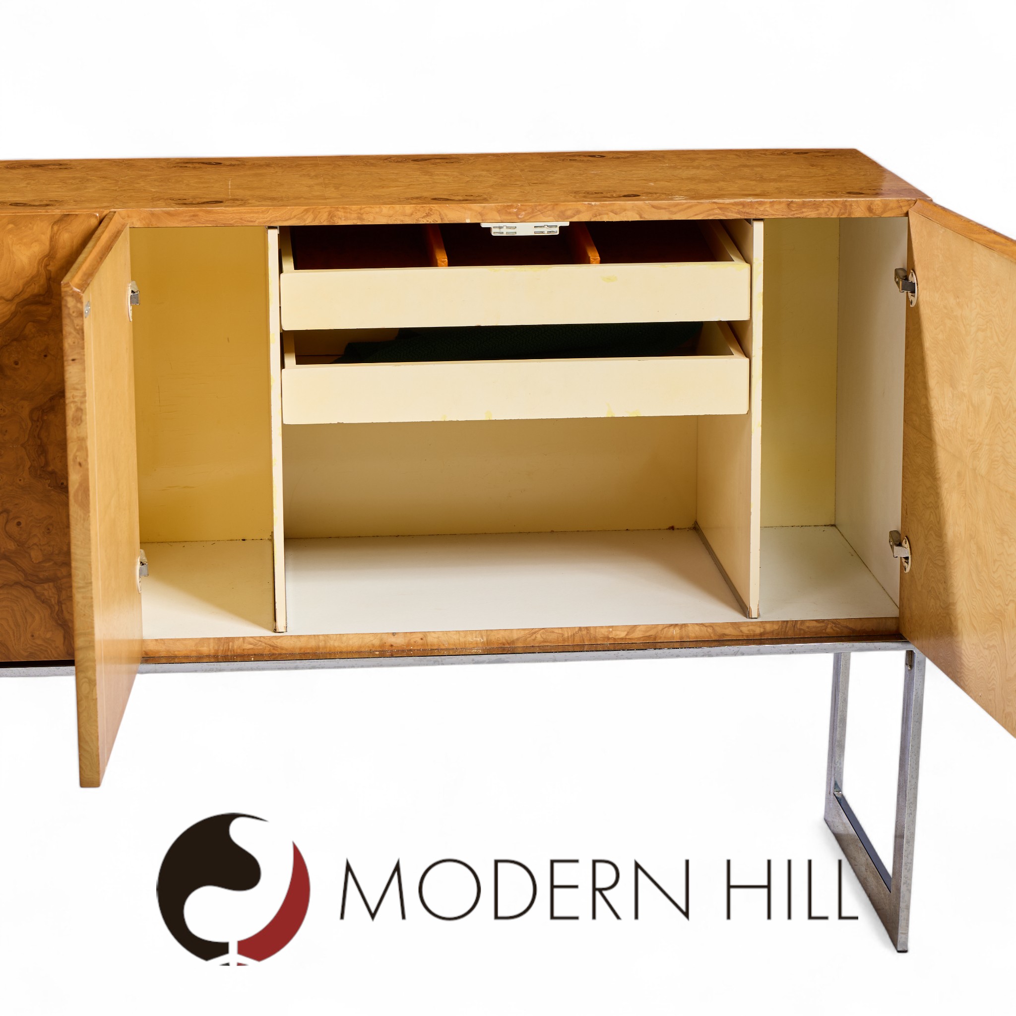 Milo Baughman for Thayer Coggin Mid Century Burlwood and Chrome Credenza