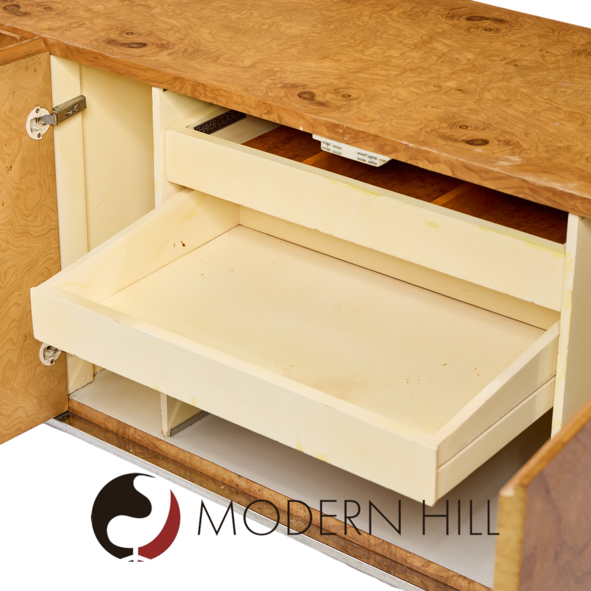 Milo Baughman for Thayer Coggin Mid Century Burlwood and Chrome Credenza