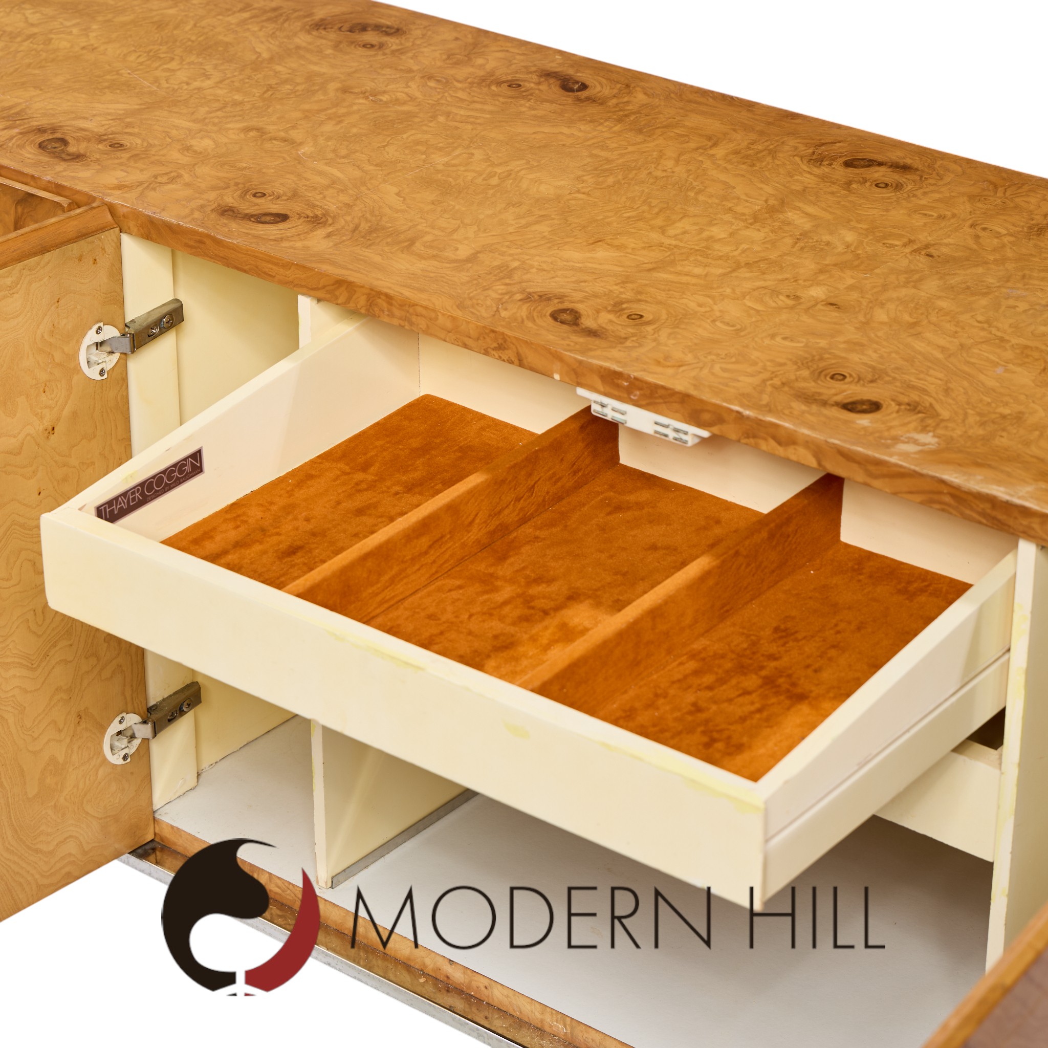 Milo Baughman for Thayer Coggin Mid Century Burlwood and Chrome Credenza